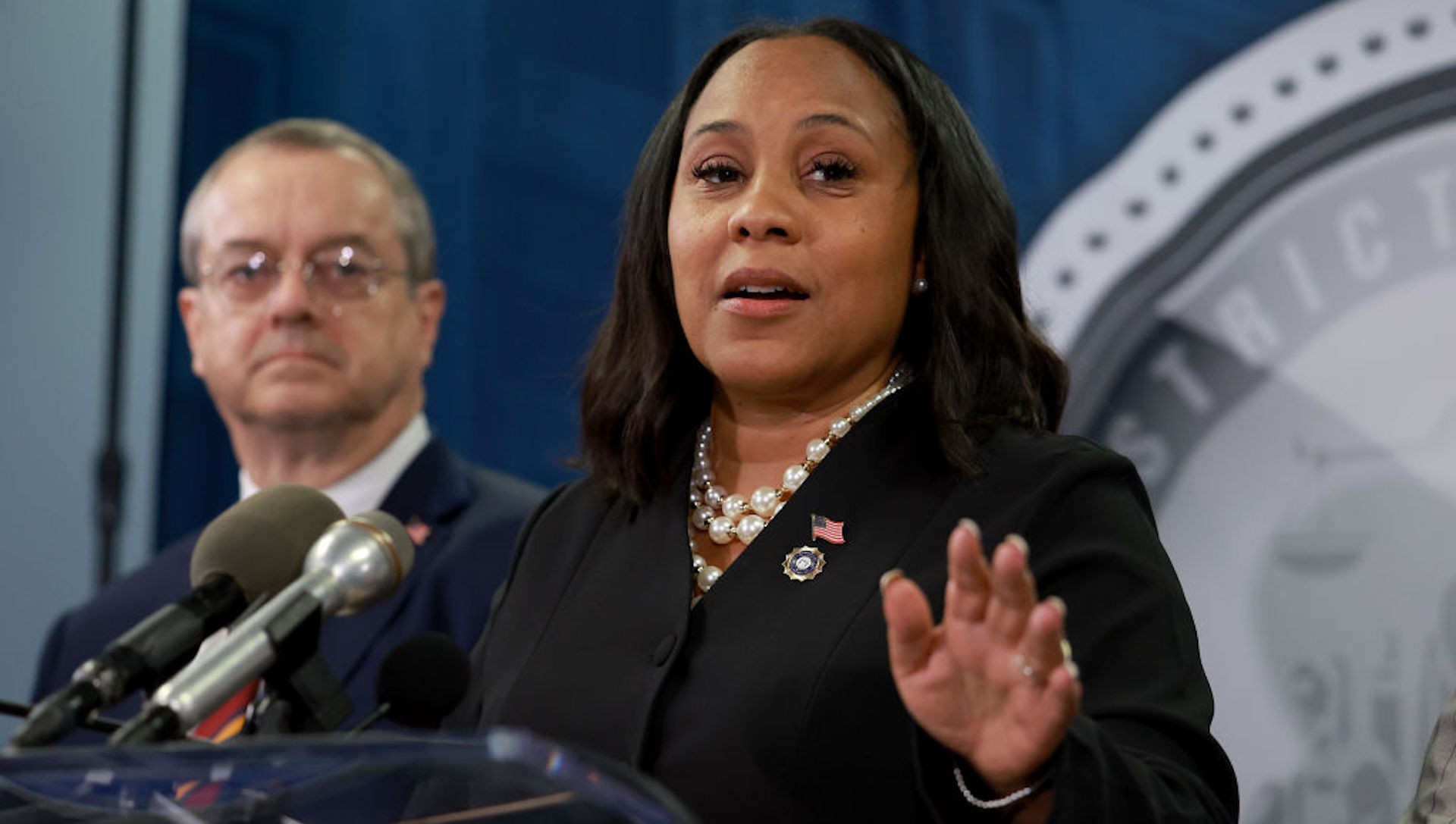 Fulton County District Attorney Fani Willis speaks during a news conference at the Fulton County Government building on August 14, 2023 in Atlanta, Georgia. A grand jury today handed up an indictment naming former President Donald Trump and his Republican allies over an alleged attempt to overturn the 2020 election results in the state.
