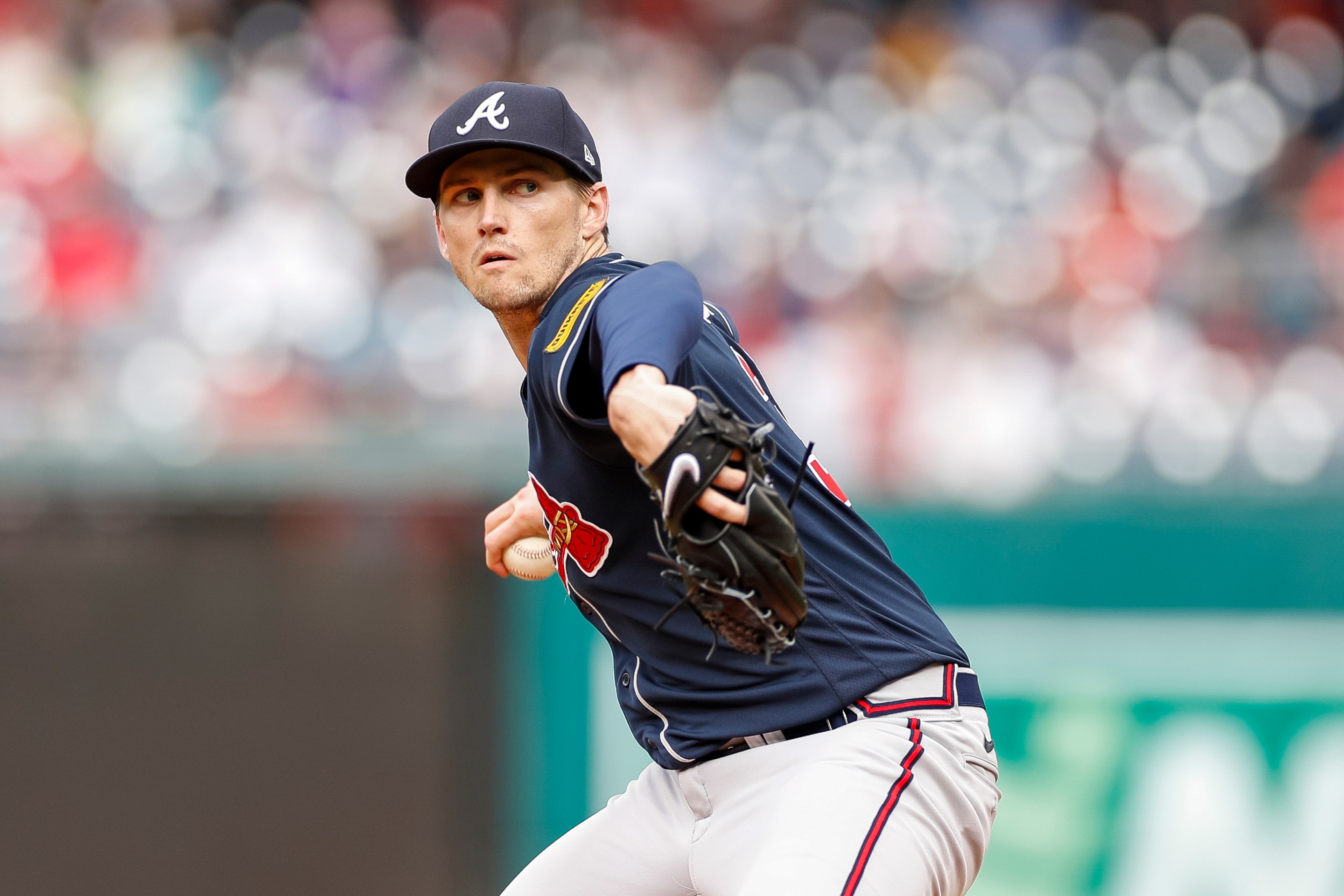 Atlanta Braves pitcher Kyle Wright throwing a pitch against the Washington Nationals in a September 2023 road game.