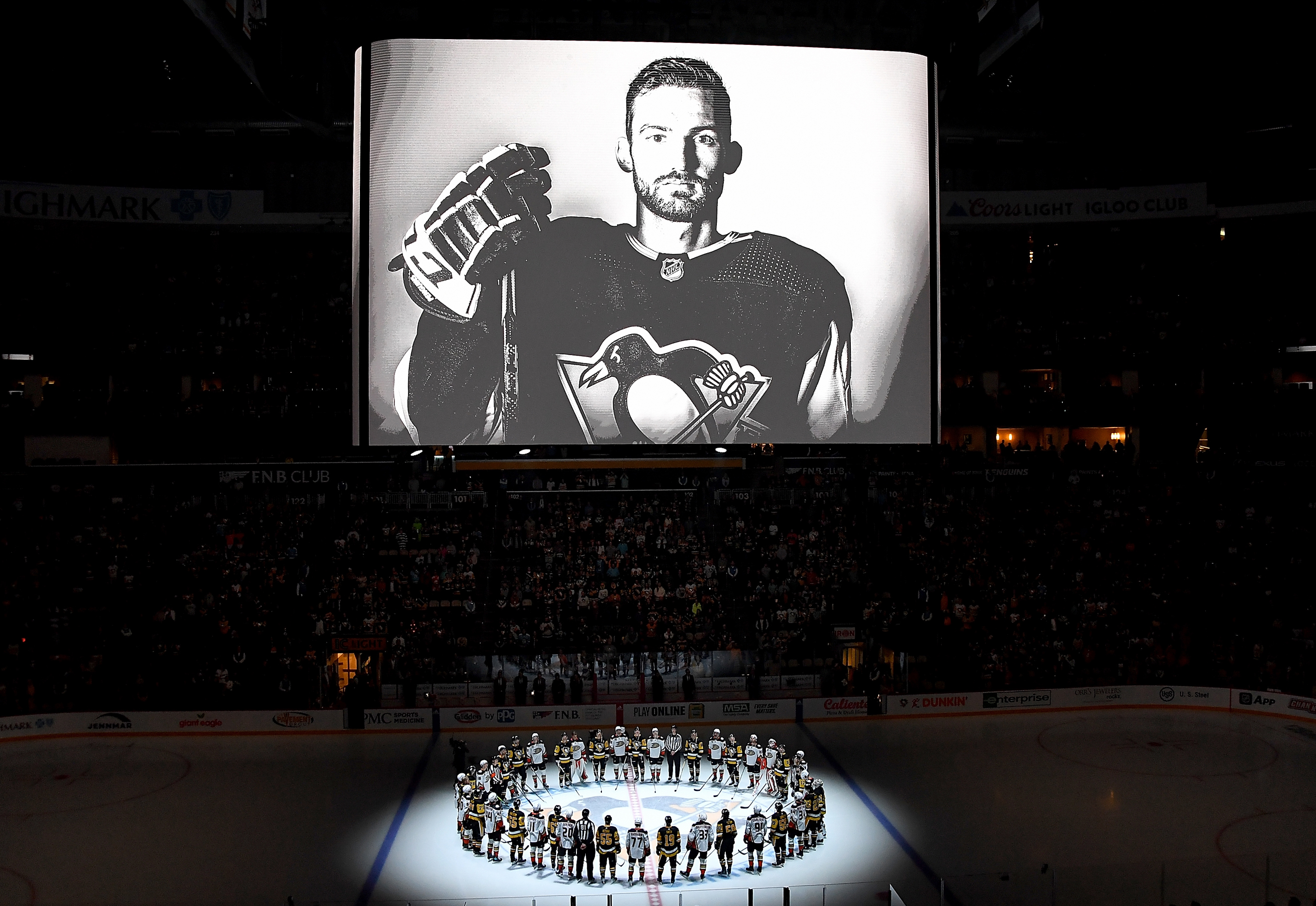 PITTSBURGH, PA - OCTOBER 30: Adam Johnson is remembered before the game between the Pittsburgh Penguins and the Anaheim Ducks at PPG PAINTS Arena on October 30, 2023 in Pittsburgh, Pennsylvania. (Photo by Joe Sargent/NHLI via Getty Images)