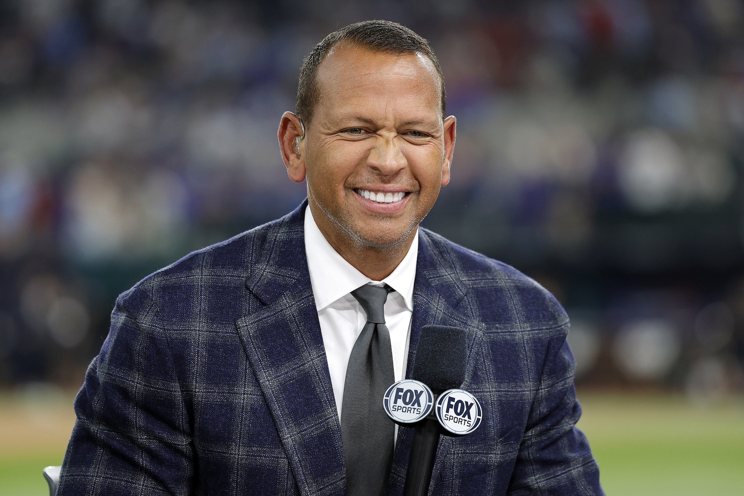 ARLINGTON, TEXAS - OCTOBER 27: Former MLB player Alex Rodriguez commentates prior to Game One of the World Series between the Arizona Diamondbacks and the Texas Rangers at Globe Life Field on October 27, 2023 in Arlington, Texas. (Photo by Carmen Mandato/Getty Images)