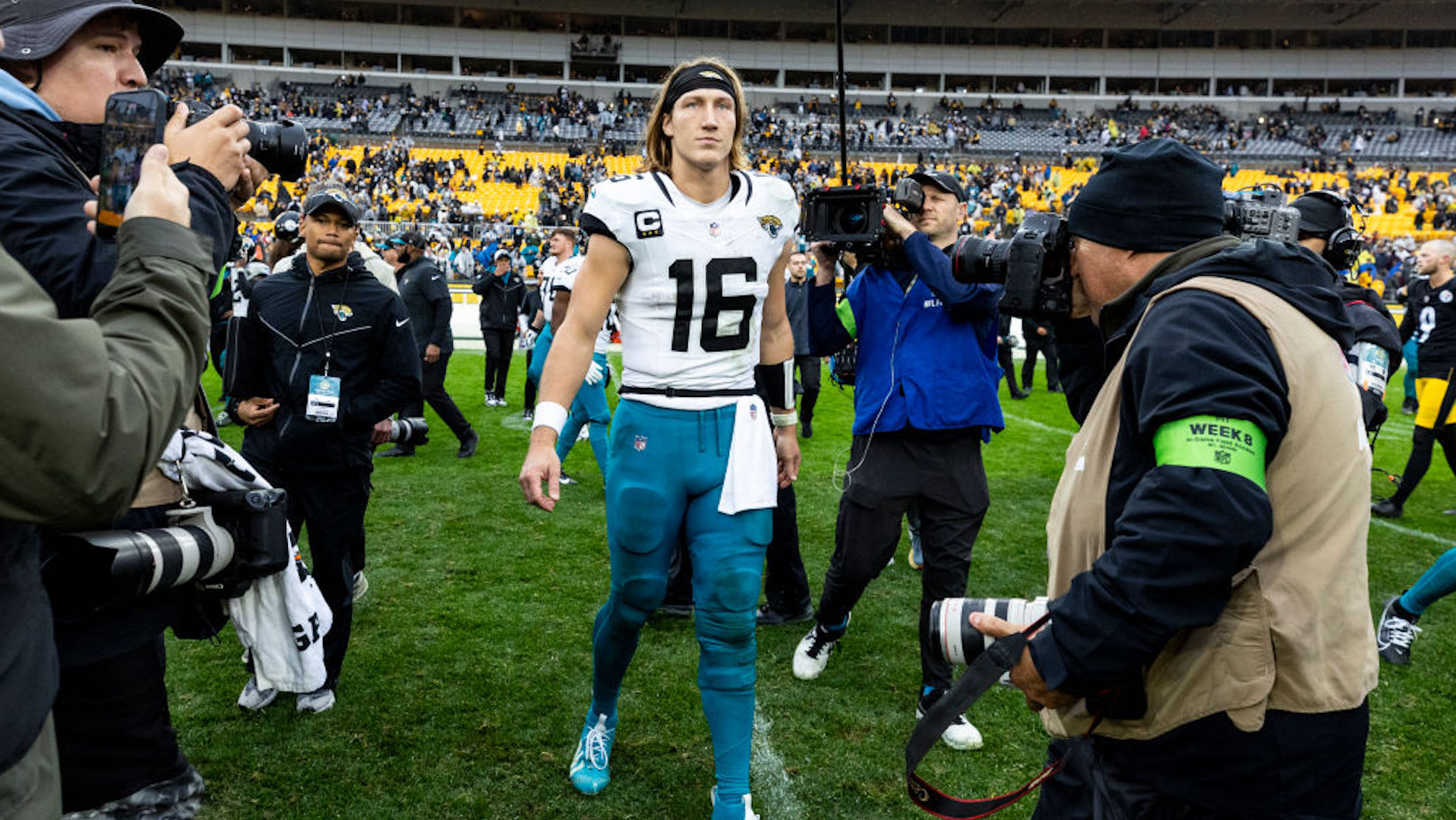 Trevor Lawrence #16 of the Jacksonville Jaguars walks onto the field after the game against the Pittsburgh Steelers at Acrisure Stadium on October 29, 2023 in Pittsburgh, Pennsylvania. The Jaguars beat the Steelers 20-10.