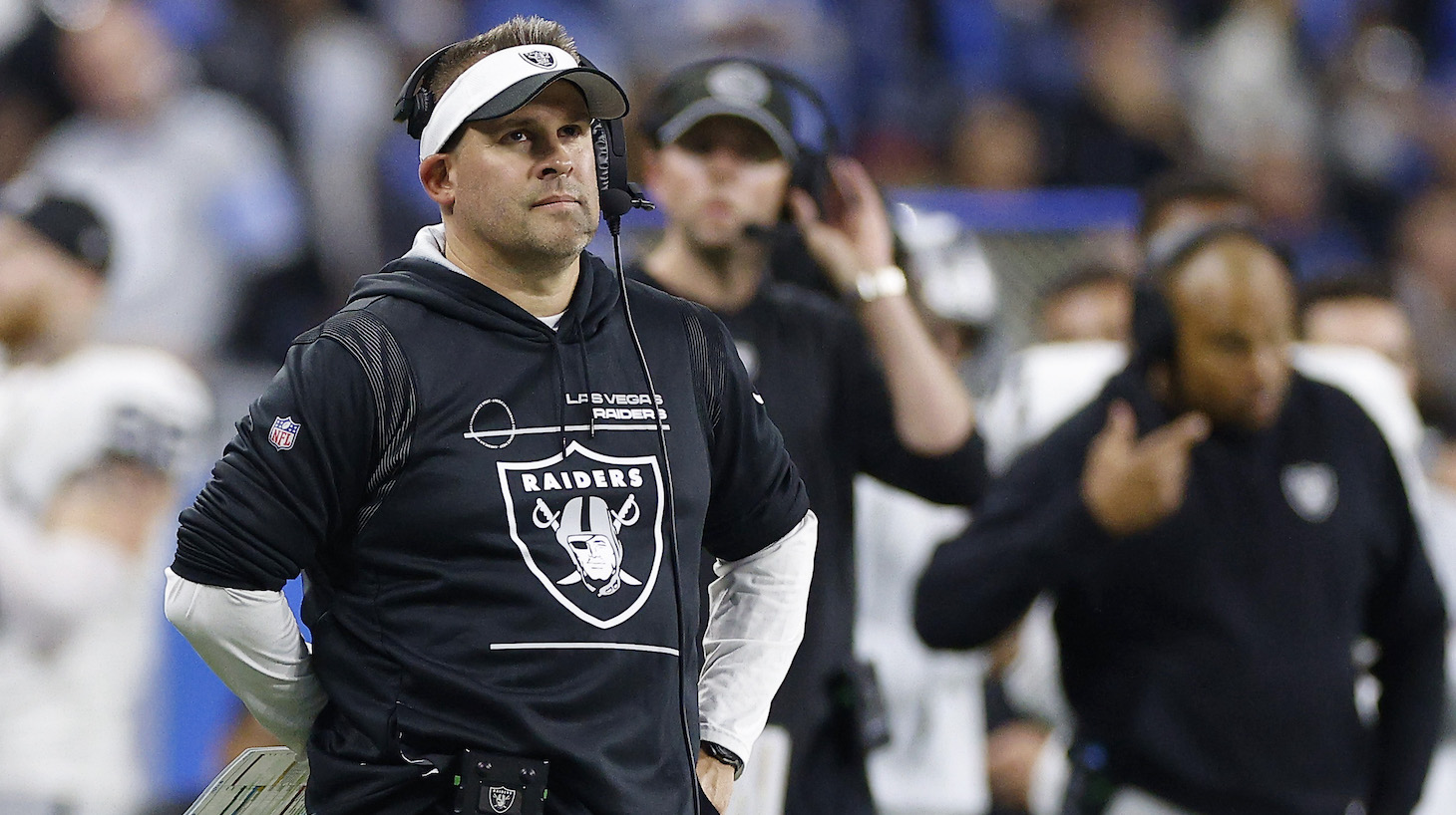 Head coach Josh McDaniels of the Las Vegas Raiders looks on in the second half of a game against the Detroit Lions at Ford Field on October 30, 2023 in Detroit, Michigan.
