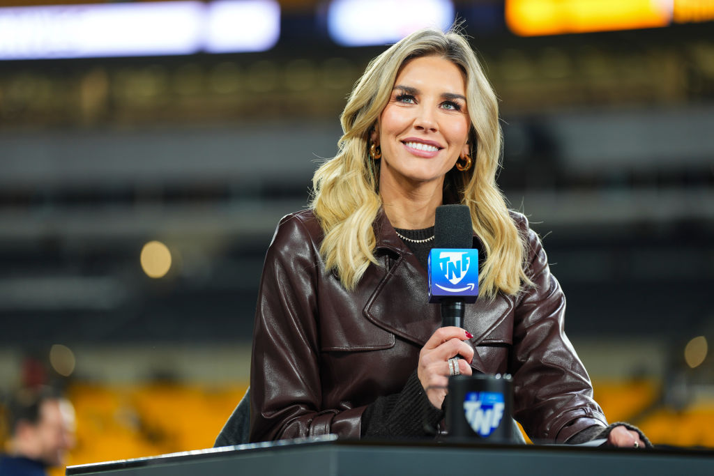 Charissa Thompson on set of the Amazon Prime TNF pregame show prior to an NFL football game between the Tennessee Titans and the Pittsburgh Steelers at Acrisure Stadium on November 2, 2023 in Pittsburgh, Pennsylvania.