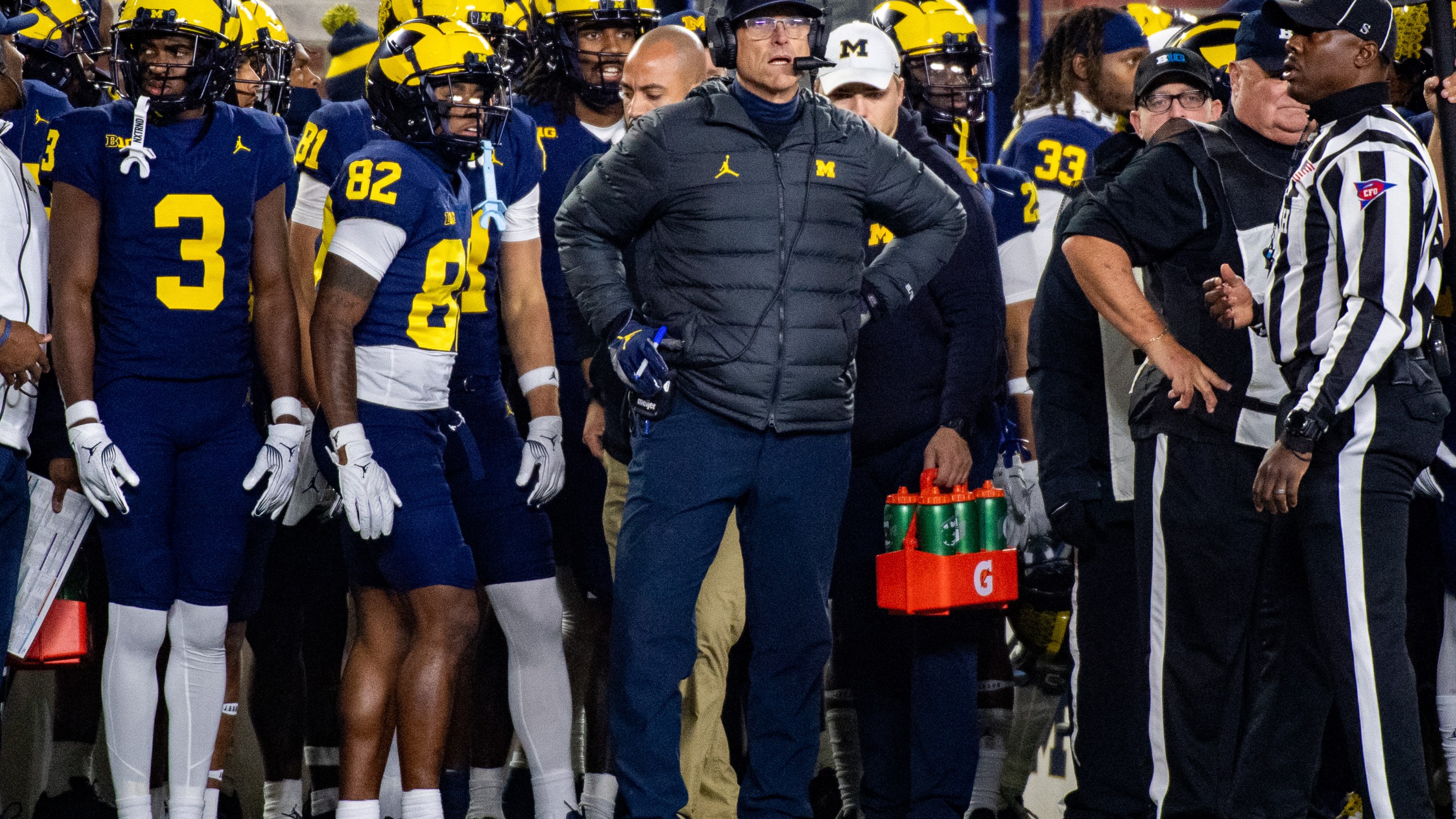 Head Football Coach Jim Harbaugh of the Michigan Wolverines is seen on the sideline during the first half a college football game against the Purdue Boilermakers at Michigan Stadium on November 04, 2023 in Ann Arbor, Michigan.
