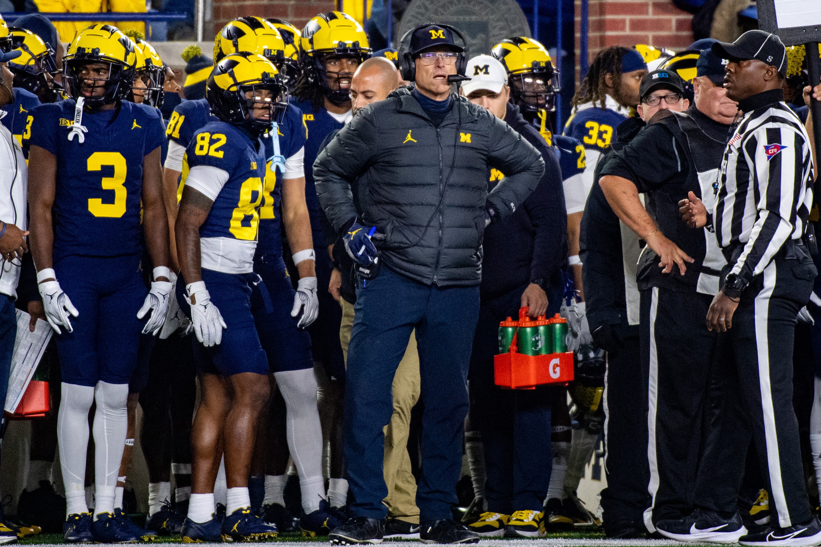 Head Football Coach Jim Harbaugh of the Michigan Wolverines is seen on the sideline during the first half a college football game against the Purdue Boilermakers at Michigan Stadium on November 04, 2023 in Ann Arbor, Michigan.