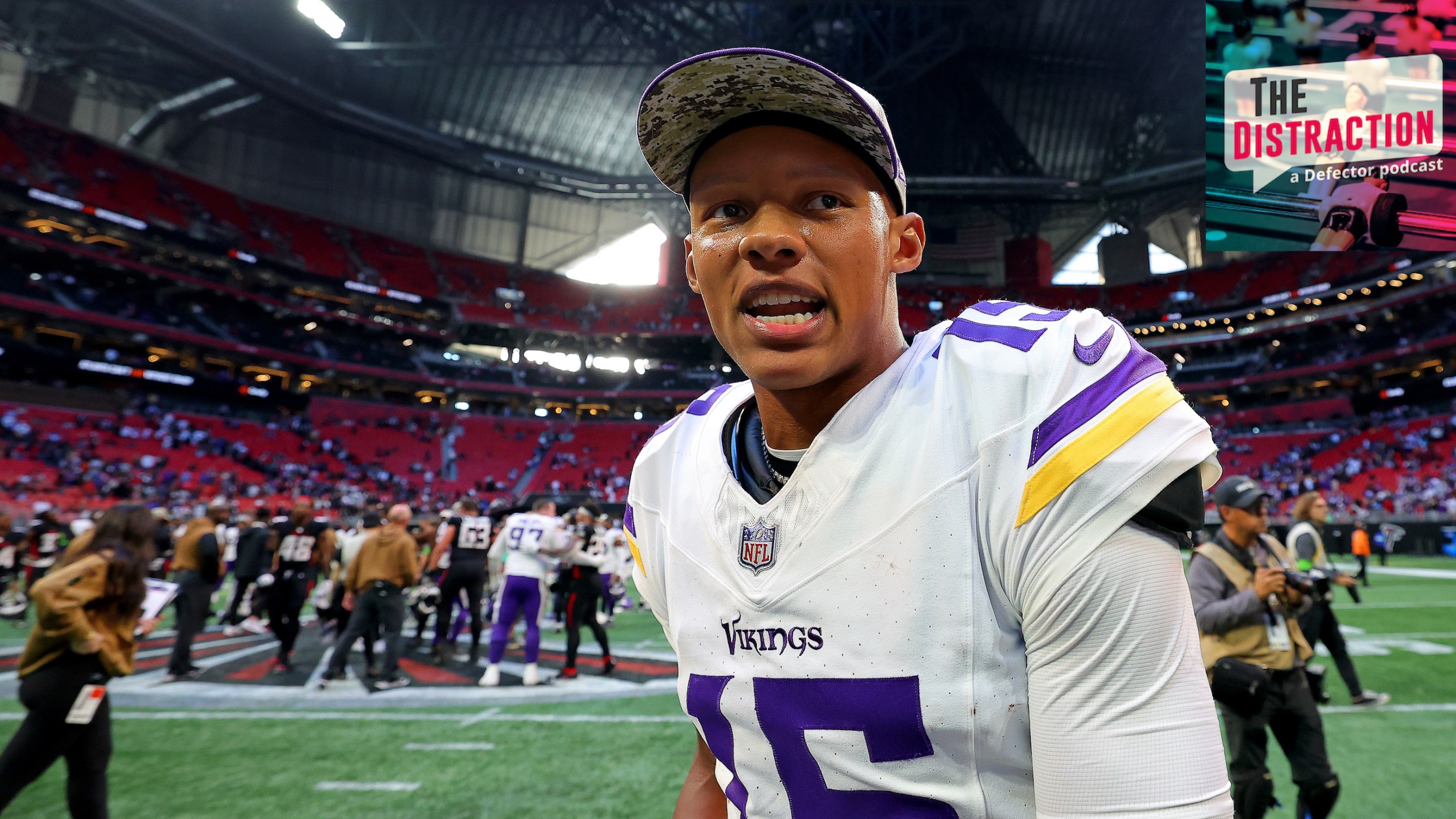 New Vikings quarterback Joshua Dobbs exults after leading his team to a comeback win against the Falcons in Atlanta.