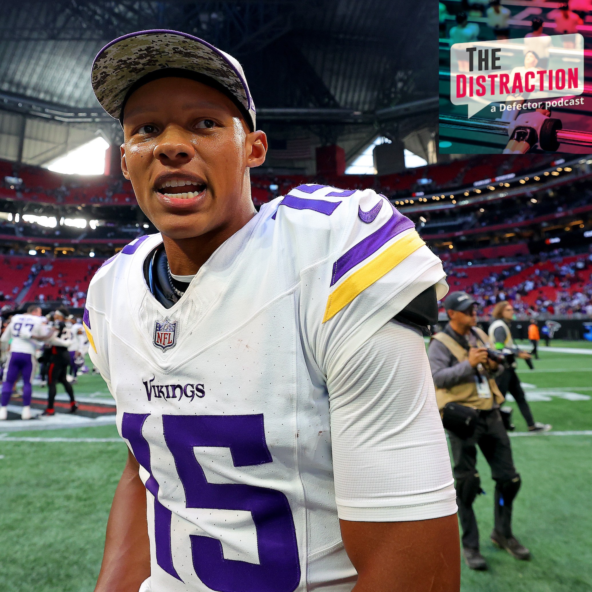 New Vikings quarterback Joshua Dobbs exults after leading his team to a comeback win against the Falcons in Atlanta.
