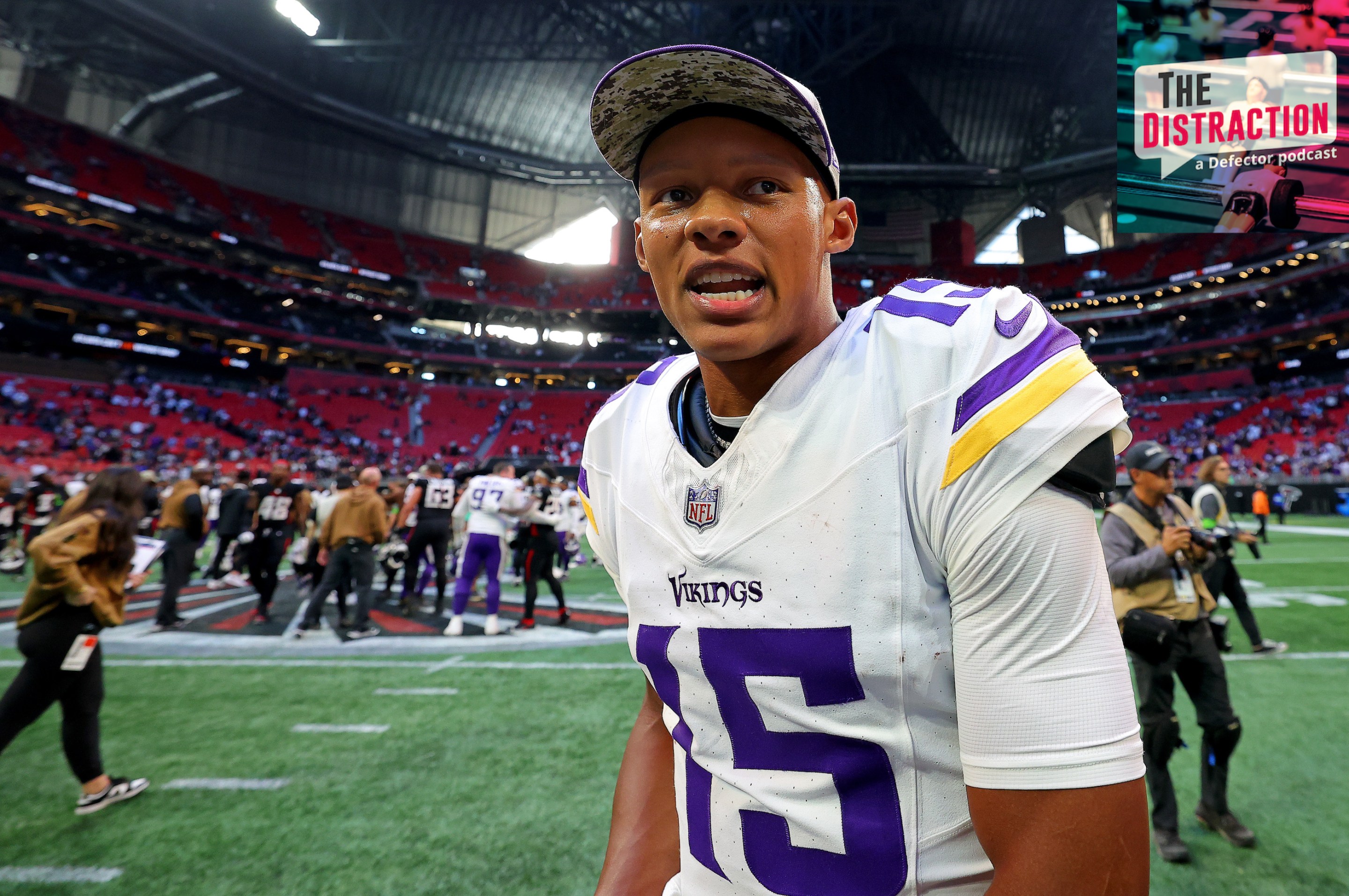 New Vikings quarterback Joshua Dobbs exults after leading his team to a comeback win against the Falcons in Atlanta.