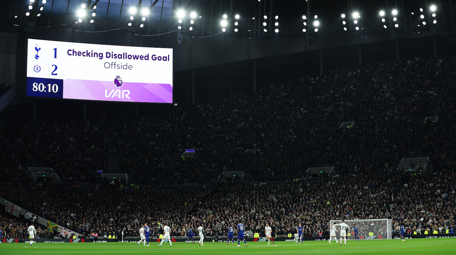 The LED board shows the VAR check which disallows a Tottenham Hotspur goal for offside during the Premier League match between Tottenham Hotspur and Chelsea FC at Tottenham Hotspur Stadium on November 06, 2023 in London, England.