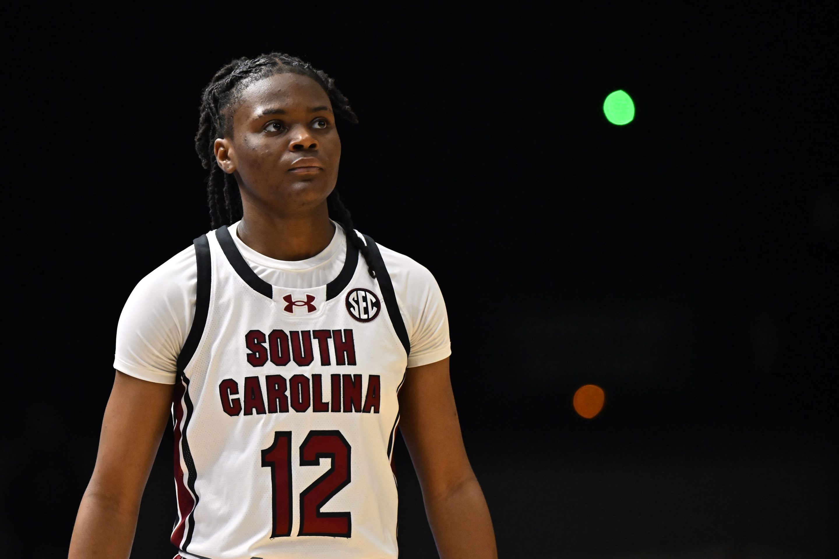 Milaysia Fulwiley of South Carolina looks on during the Aflac Oui Play match between South Carolina and Notre Dame at Halle Georges Carpentier on November 06, 2023 in Paris, France.