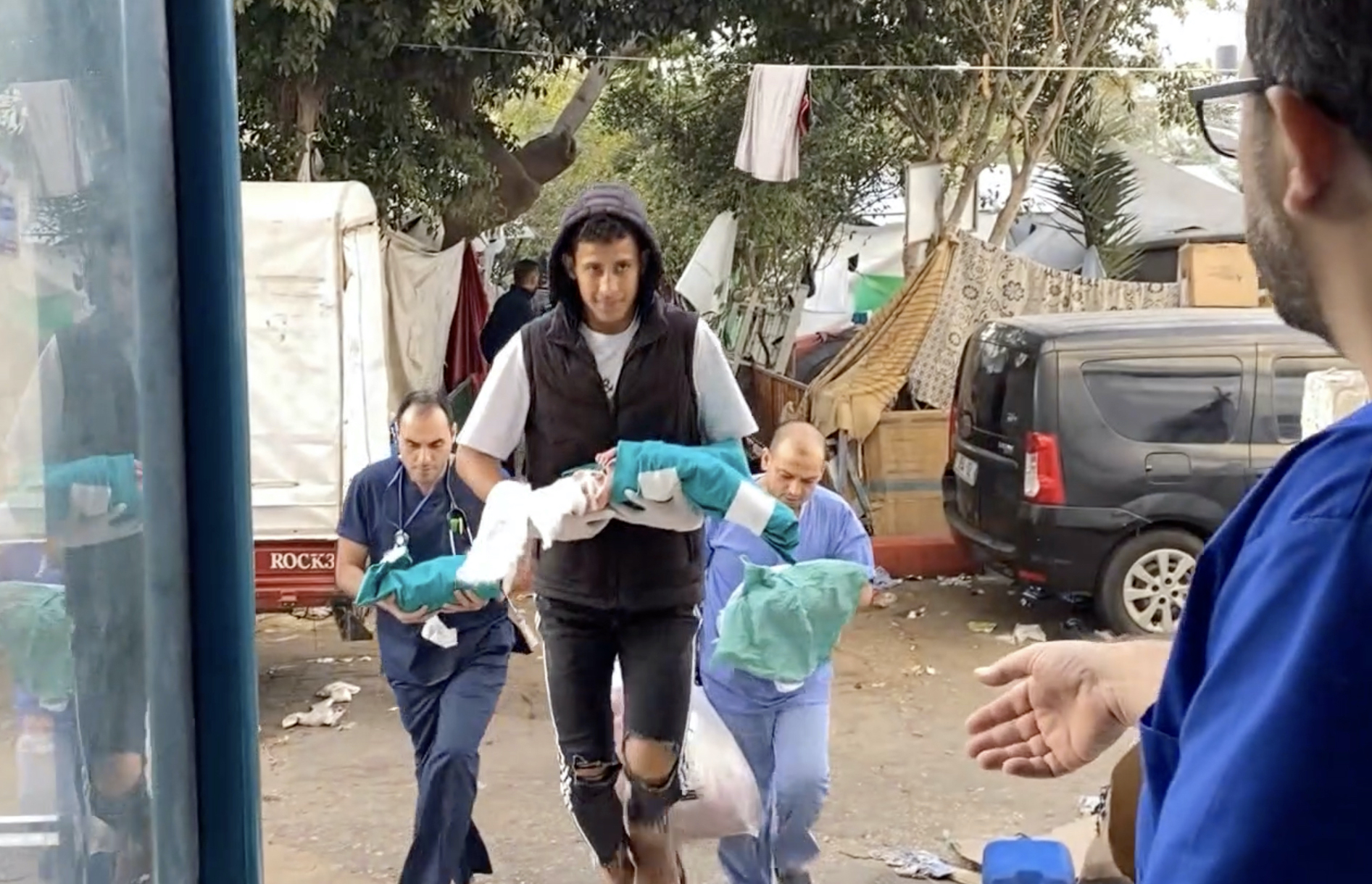 Premature babies are moved from their incubators to another location at Al-Shifa Hospital in Gaza.