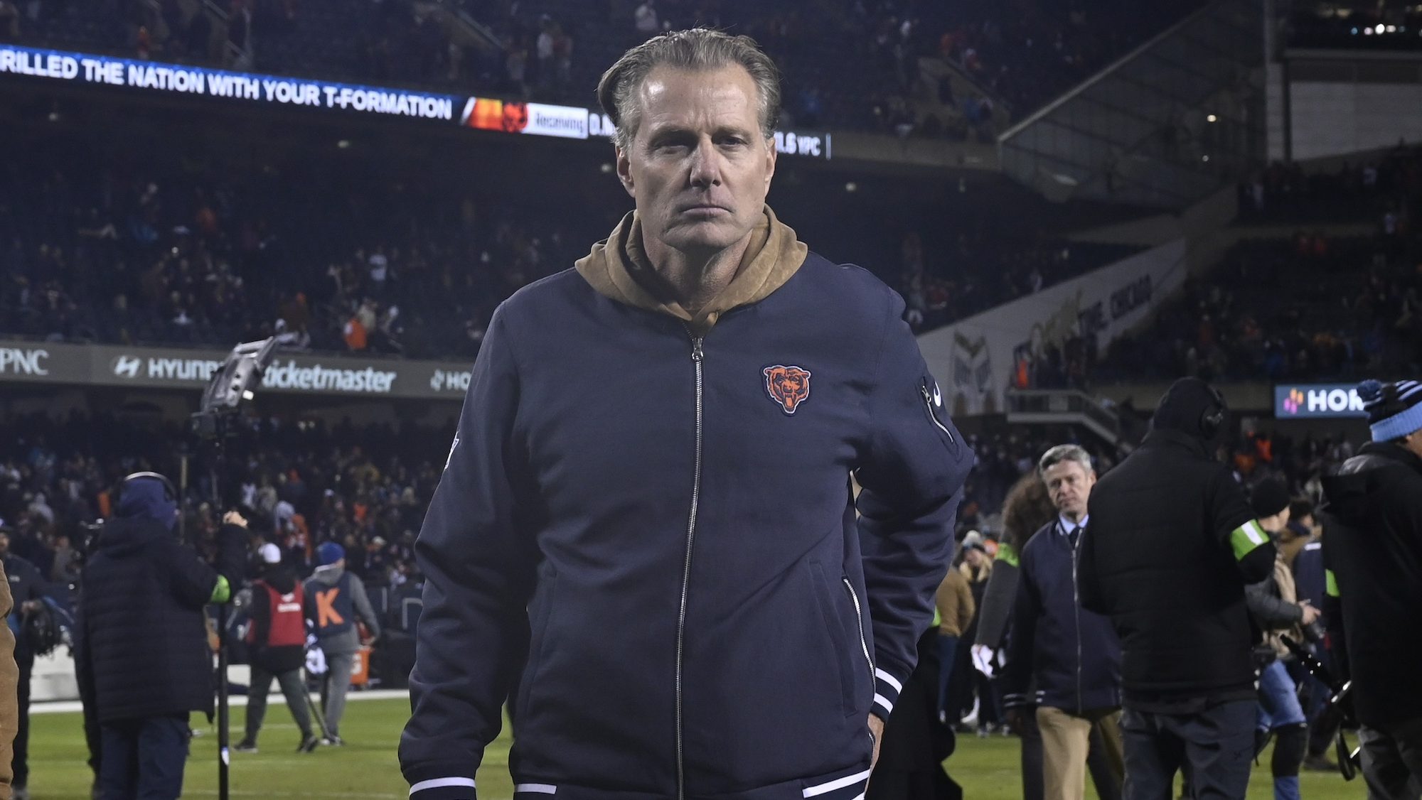 CHICAGO, ILLINOIS - NOVEMBER 09: Head coach Matt Eberflus of the Chicago Bears reacts after a 16-13 victory against the Carolina Panthers at Soldier Field on November 09, 2023 in Chicago, Illinois. (Photo by Quinn Harris/Getty Images)