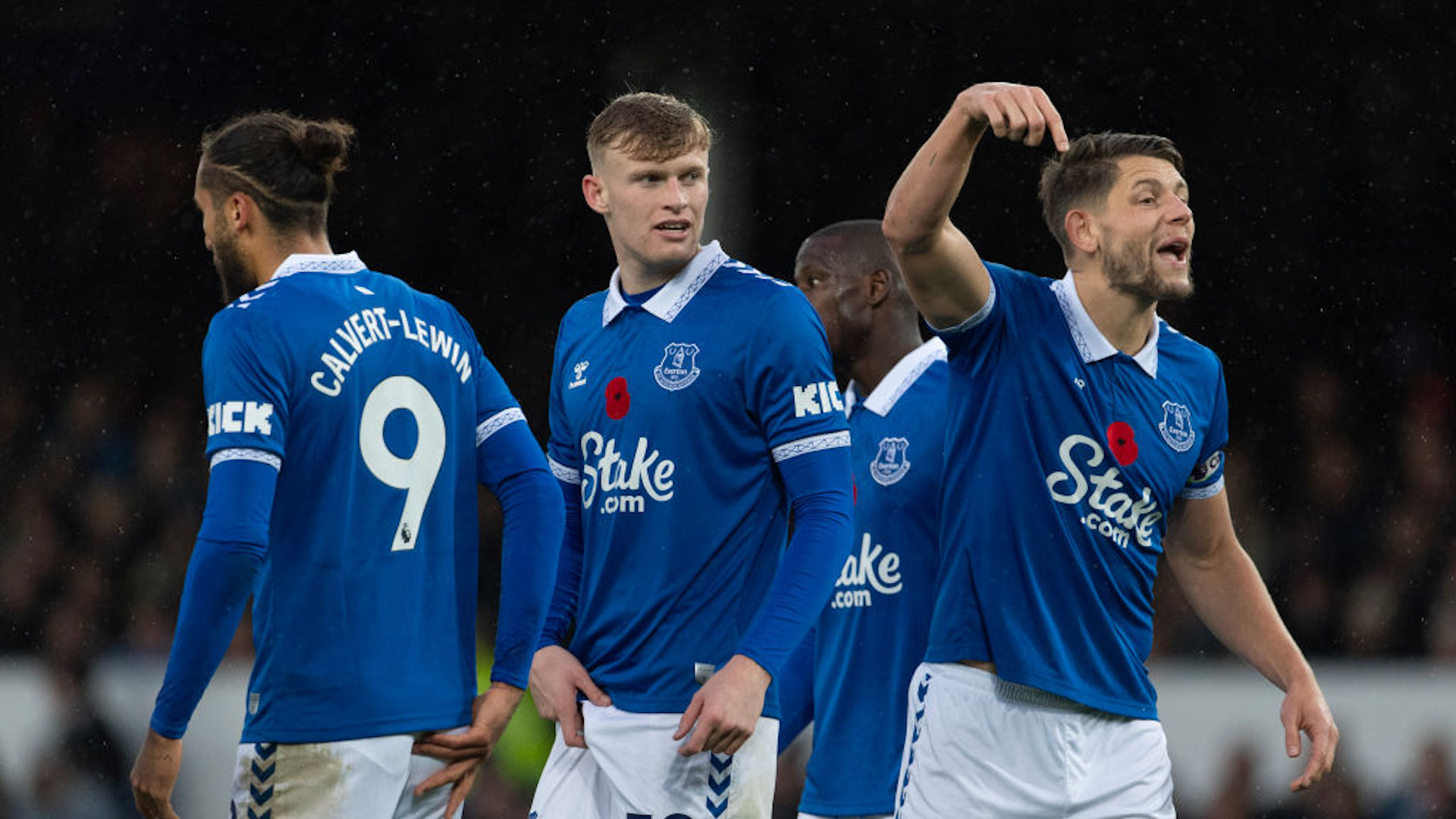 Dominic Calvert-Lewin, Jarrad Branthwaite and James Tarkowski of Everton form a defensive wall during the Premier League match between Everton FC and Brighton &amp; Hove Albion at Goodison Park on November 4, 2023 in Liverpool, England.