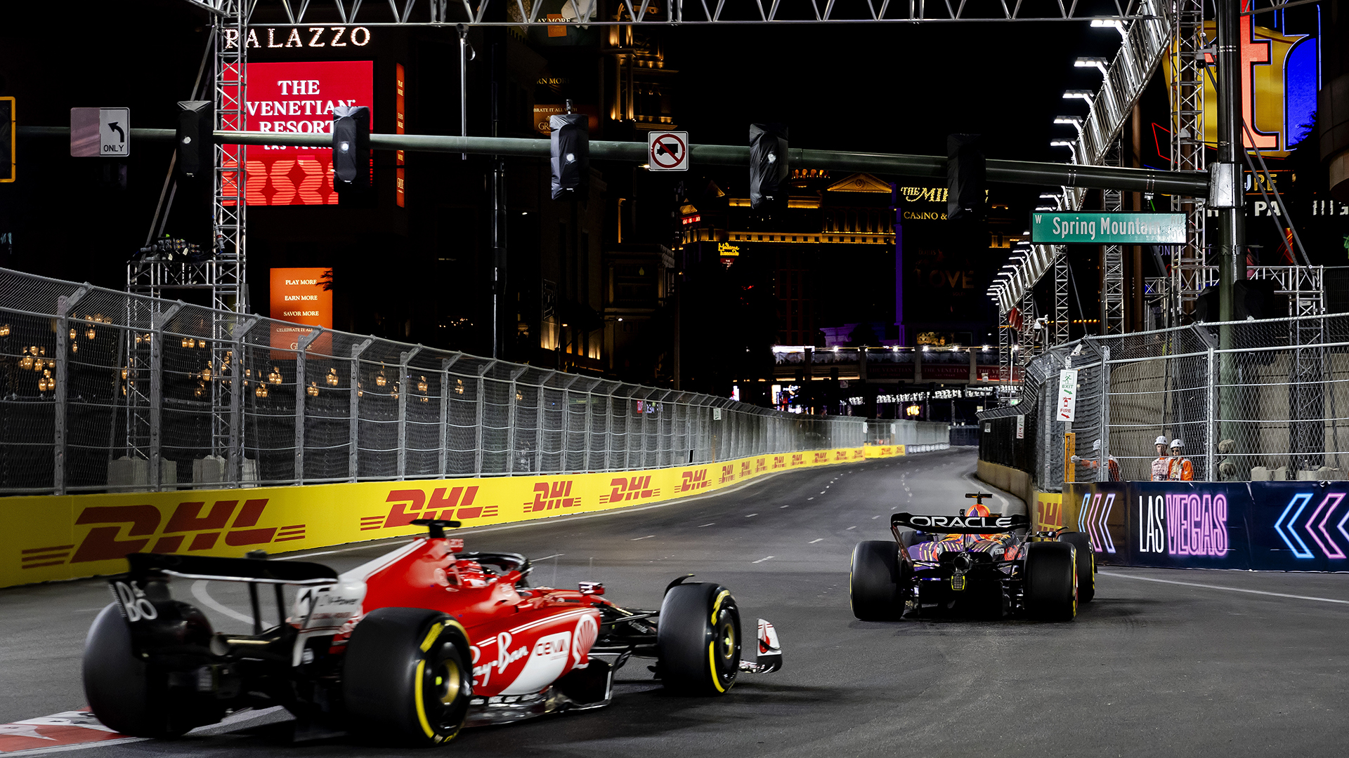 Charles Leclerc (Ferrari) and Max Verstappen (Red Bull Racing) during the Las Vegas Formula 1 Grand Prix at the Las Vegas Strip Circuit in Nevada.
