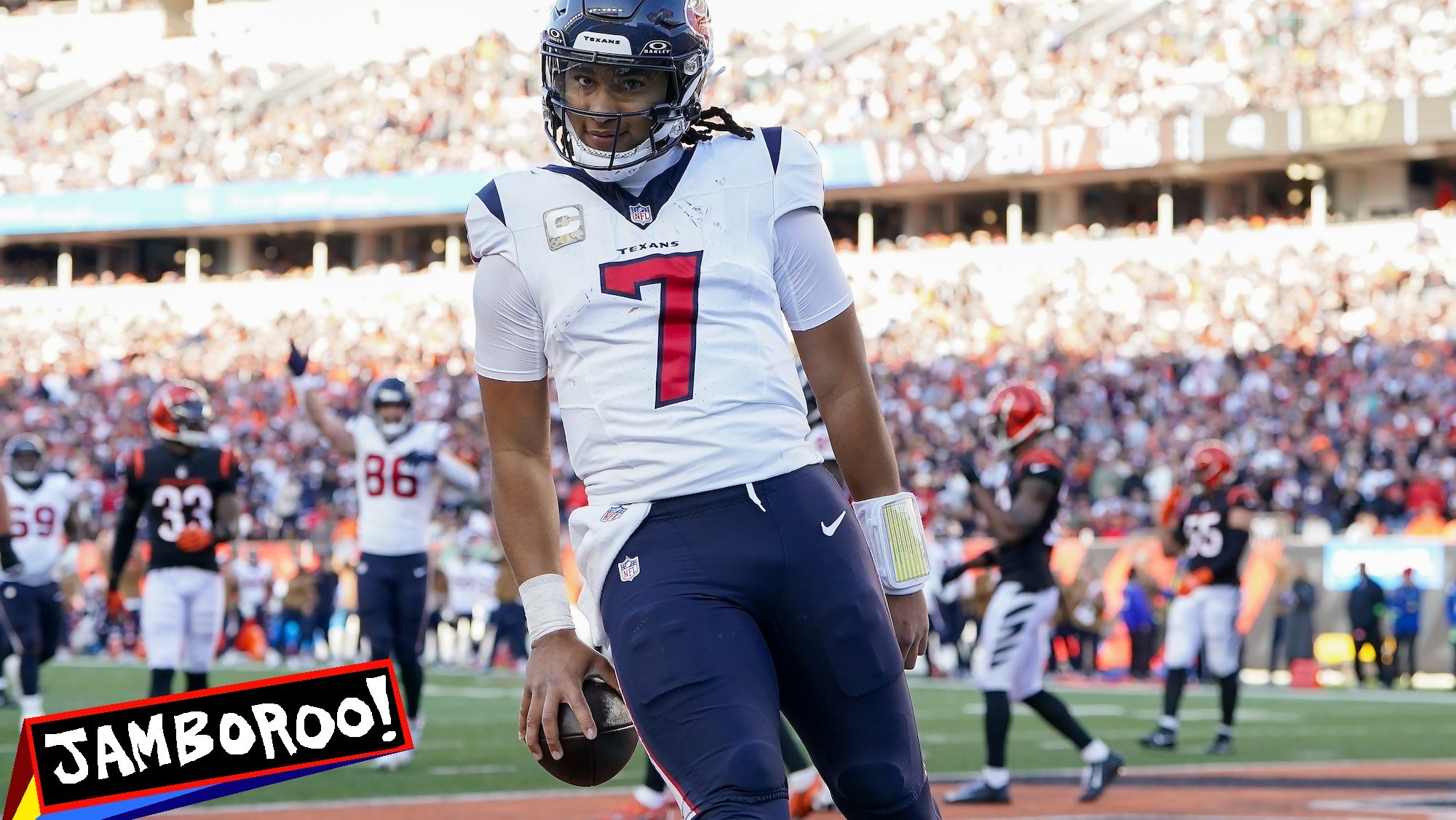 CINCINNATI, OHIO - NOVEMBER 12: C.J. Stroud #7 of the Houston Texans celebrates after scoring a touchdown in the fourth quarter against the Cincinnati Bengals at Paycor Stadium on November 12, 2023 in Cincinnati, Ohio. (Photo by Dylan Buell/Getty Images)