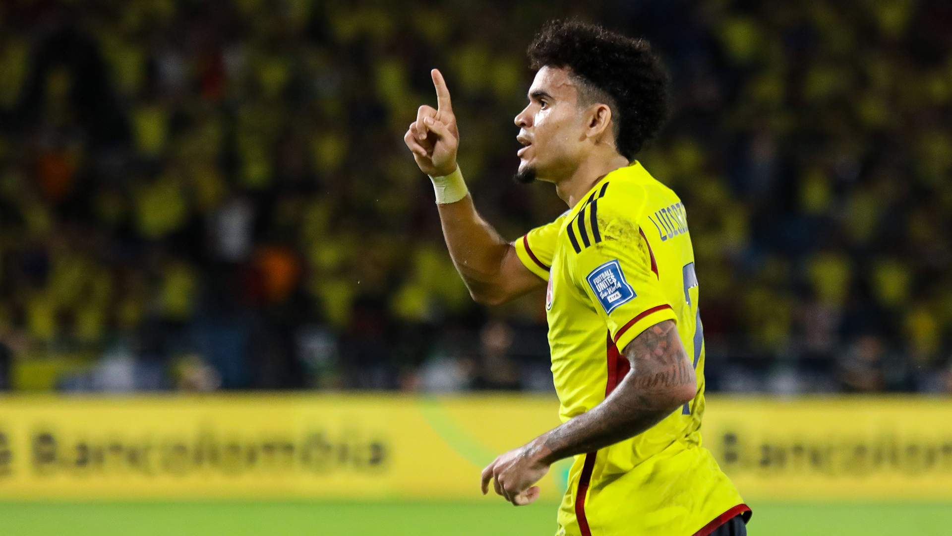 Luis Diaz of Colombia celebrates after scoring the team's first goal during the FIFA World Cup 2026 Qualifier match between Colombia and Brazil at Estadio Metropolitano Roberto Meléndez on November 16, 2023 in Barranquilla, Colombia.