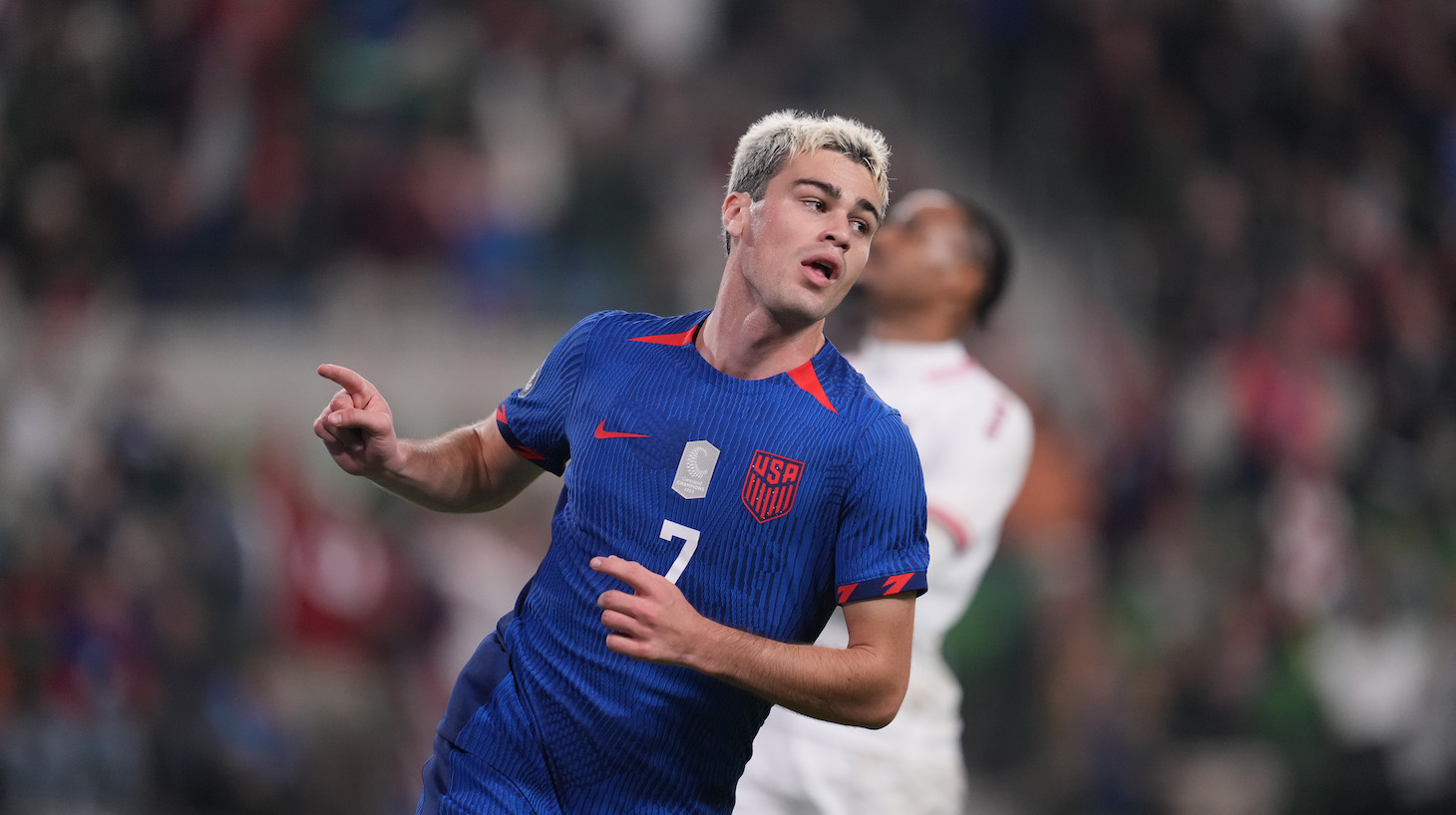 Gio Reyna #7 of the United States scores a goal and celebrates during a Concacaf Nations League game between Trinidad and Tobago and USMNT at Q2 Stadium on November 16, 2023 in Austin, Texas.