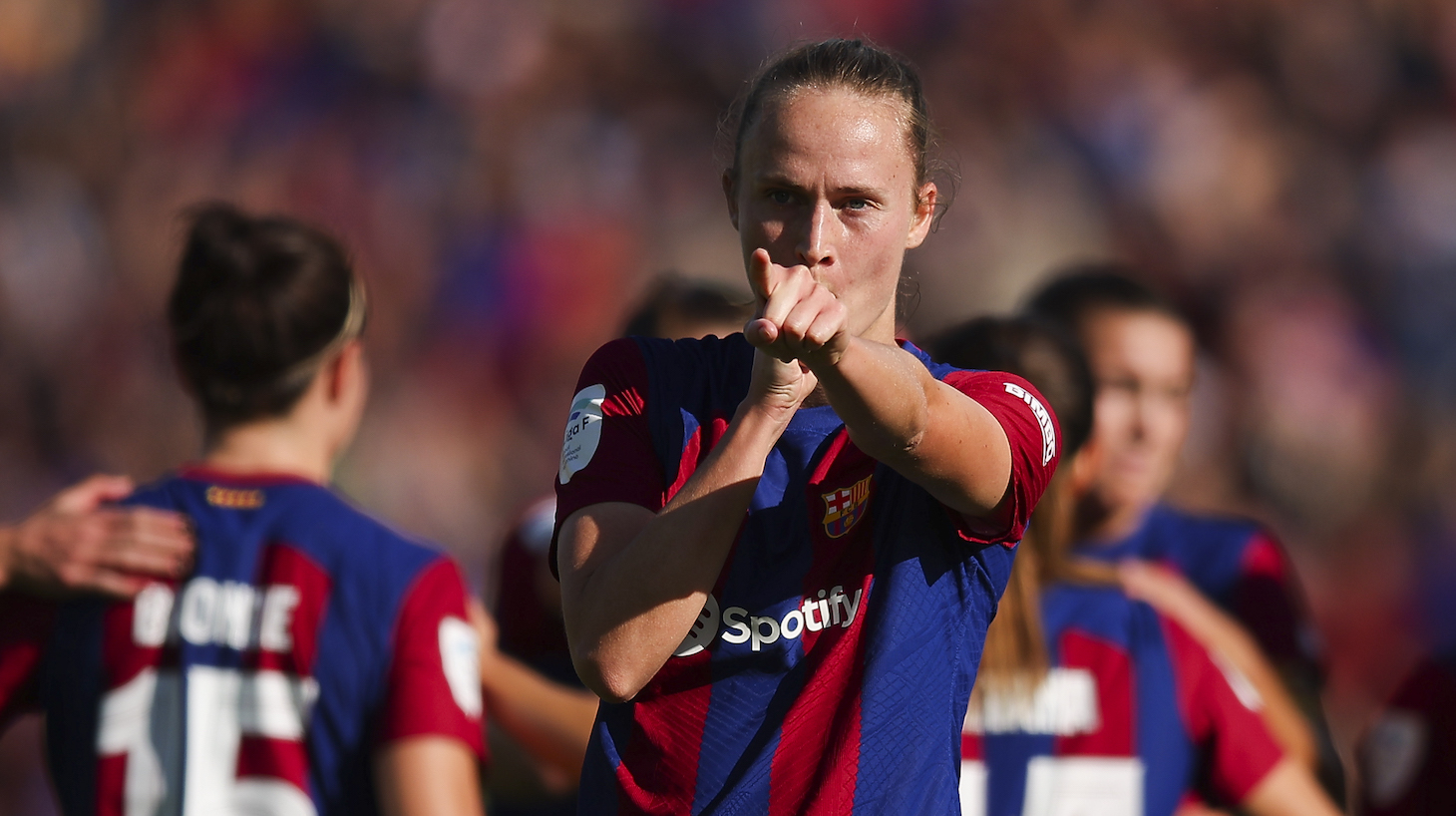 Caroline Graham Hansen FC Barcelona celebrates after scoring the team's second goal during the Liga F match between FC Barcelona and Real Madrid Femenino at Estadi Olimpic Lluis Companys on November 19, 2023 in Barcelona, Spain.