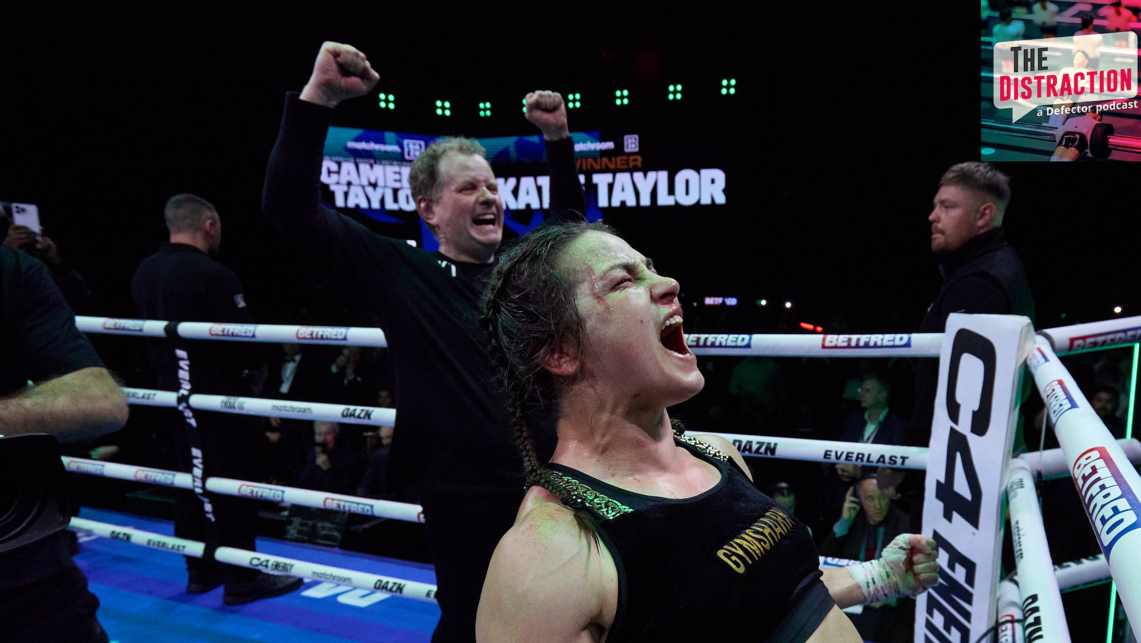 Irish boxer Katie Taylor exulting after defeating Chantelle Cameron in a title bout in Dublin on November 25, 2023.