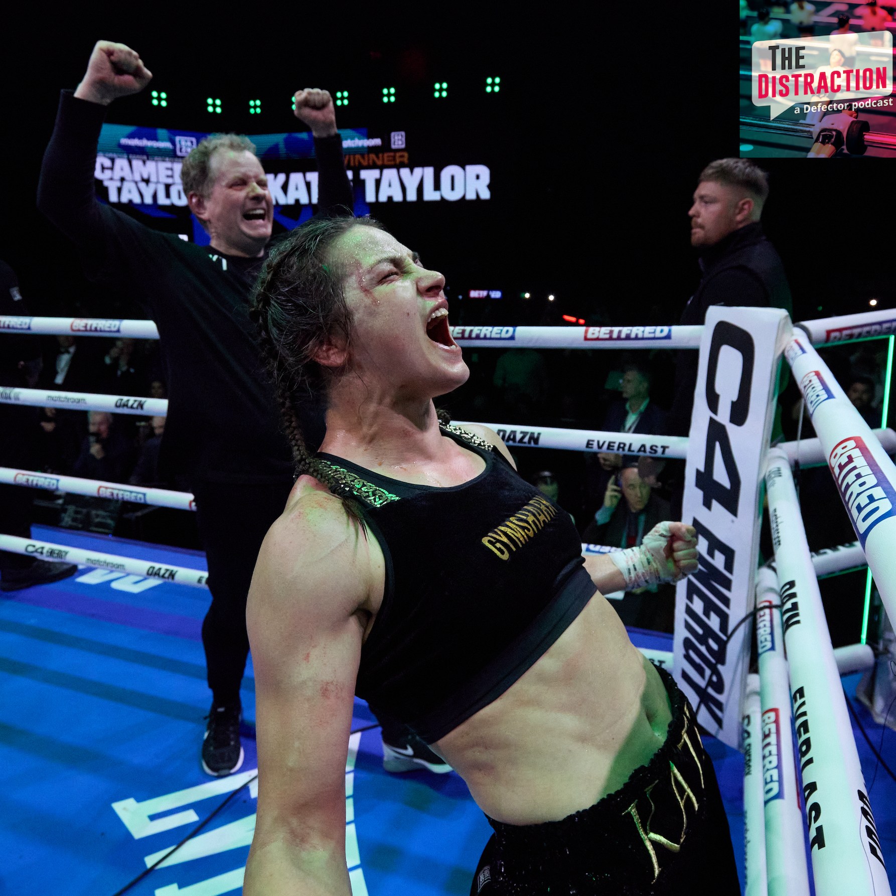 Irish boxer Katie Taylor exulting after defeating Chantelle Cameron in a title bout in Dublin on November 25, 2023.