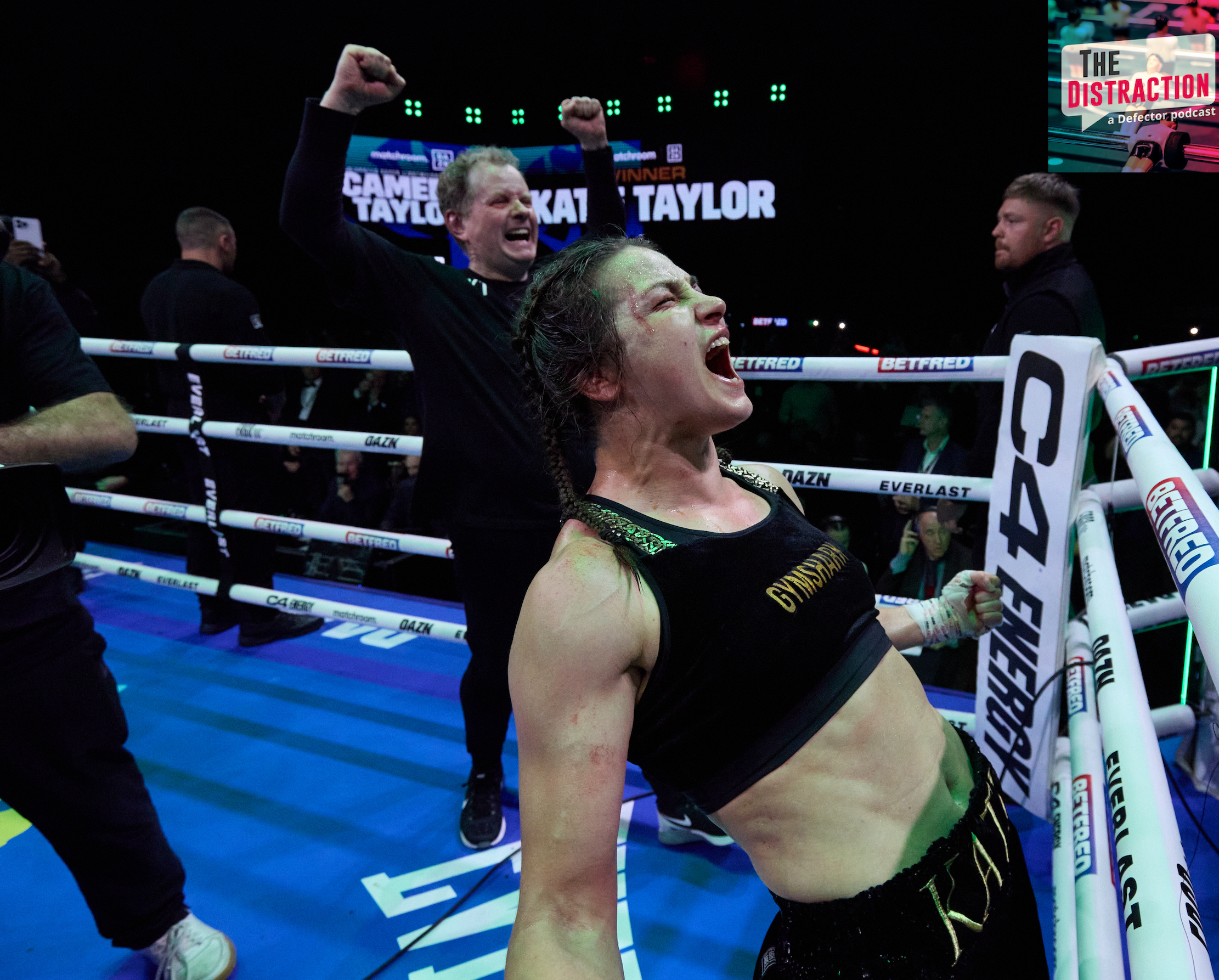 Irish boxer Katie Taylor exulting after defeating Chantelle Cameron in a title bout in Dublin on November 25, 2023.