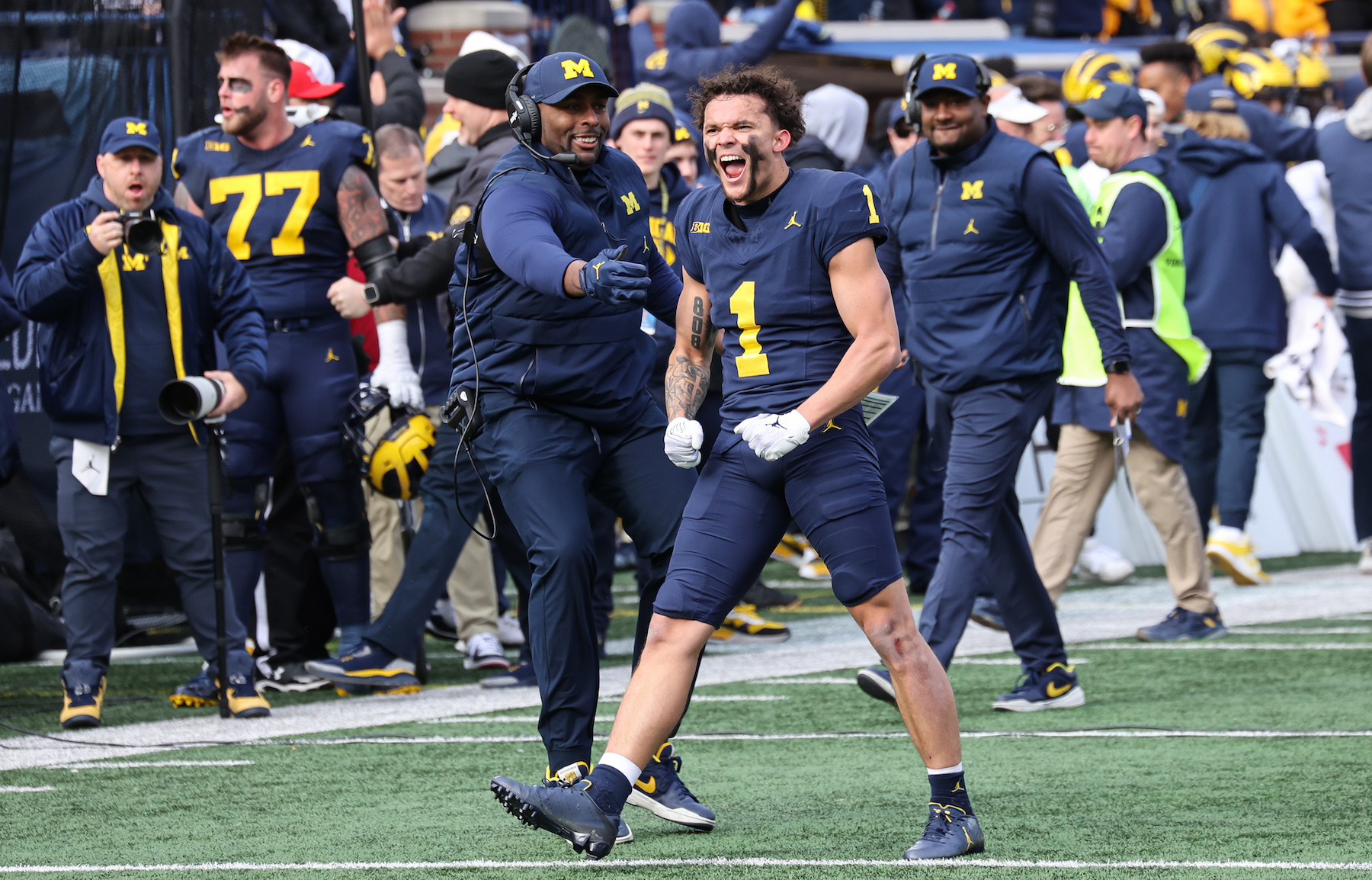 Michigan players celebrate during a game against Ohio State.