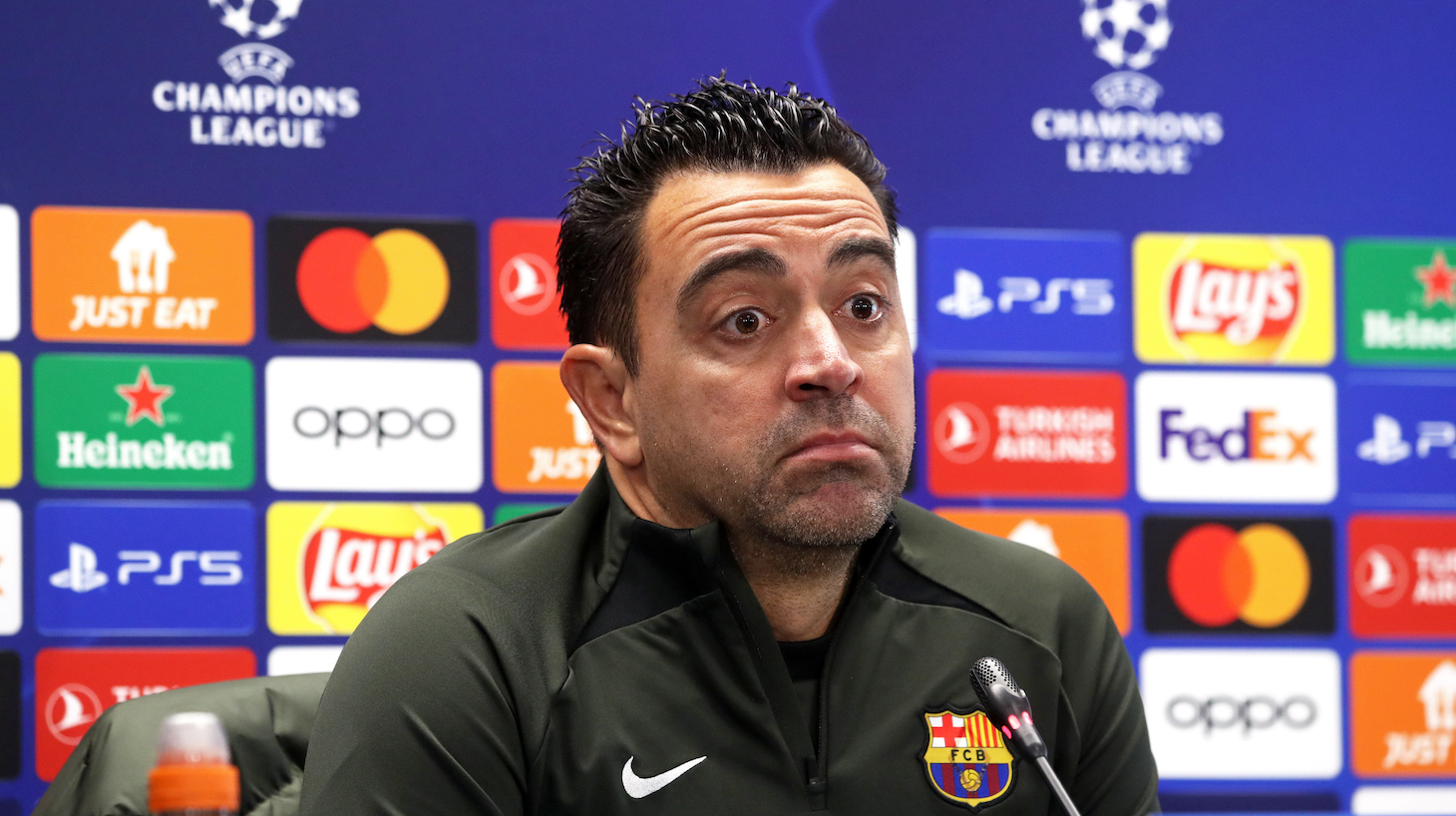 Xavi Hernandez is speaking during the press conference prior to the UEFA Champions League match against Real Madrid in Barcelona, Spain, on November 27, 2023.