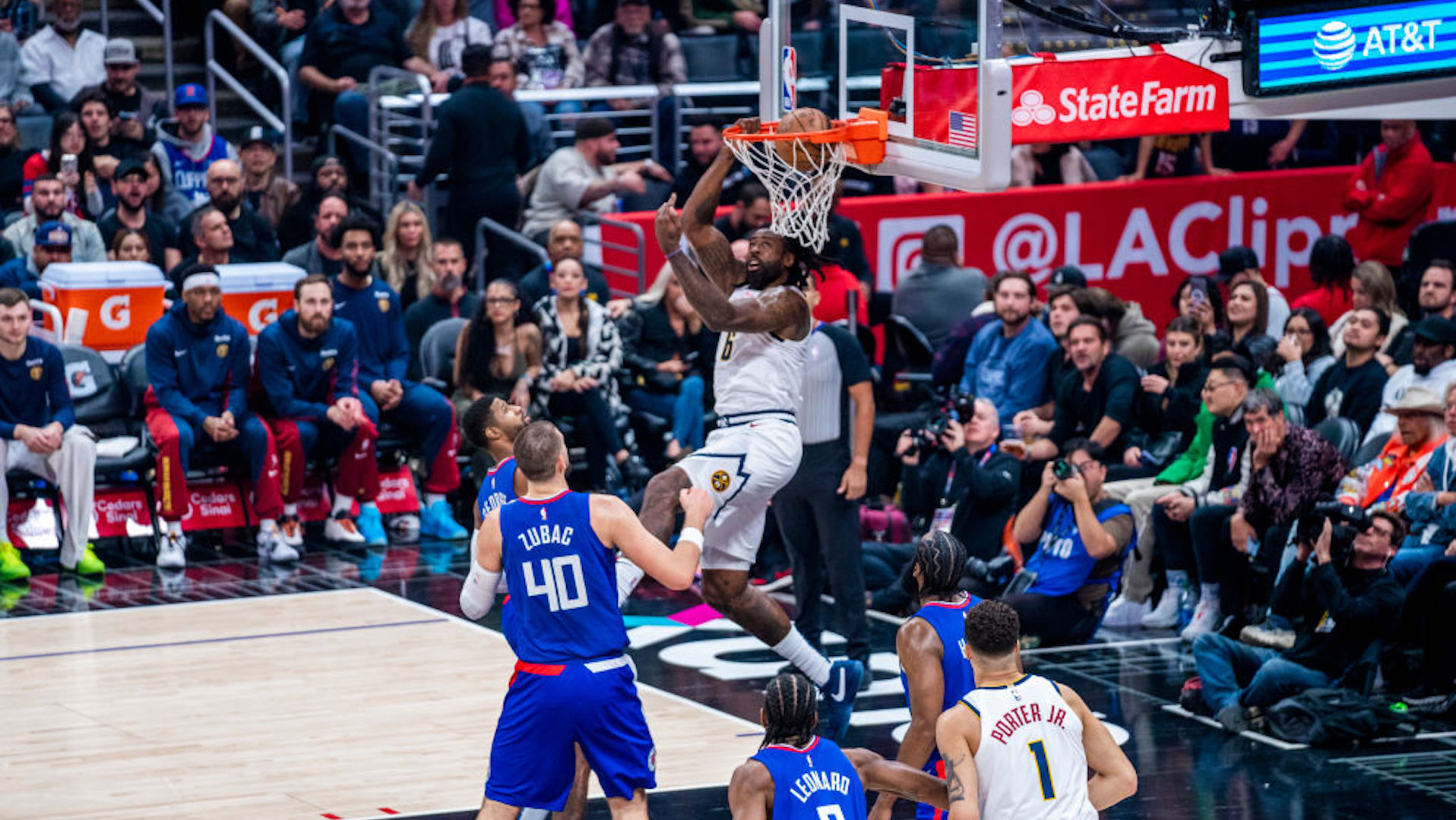 DeAndre Jordan #6 of the Denver Nuggets dunks the ball during the game against the LA Clippers on November 27, 2023 at Crypto.Com Arena in Los Angeles, California.