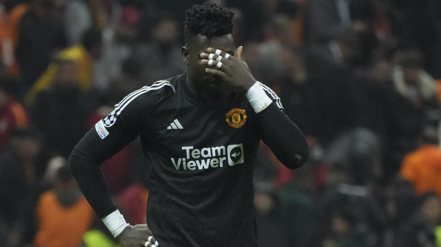 Goalkeeper Andre Onana of Manchester United is dejected after the UEFA Champions League match between Galatasaray A.S. and Manchester United at Ali Sami Yen Arena on November 29, 2023 in Istanbul, Turkey.