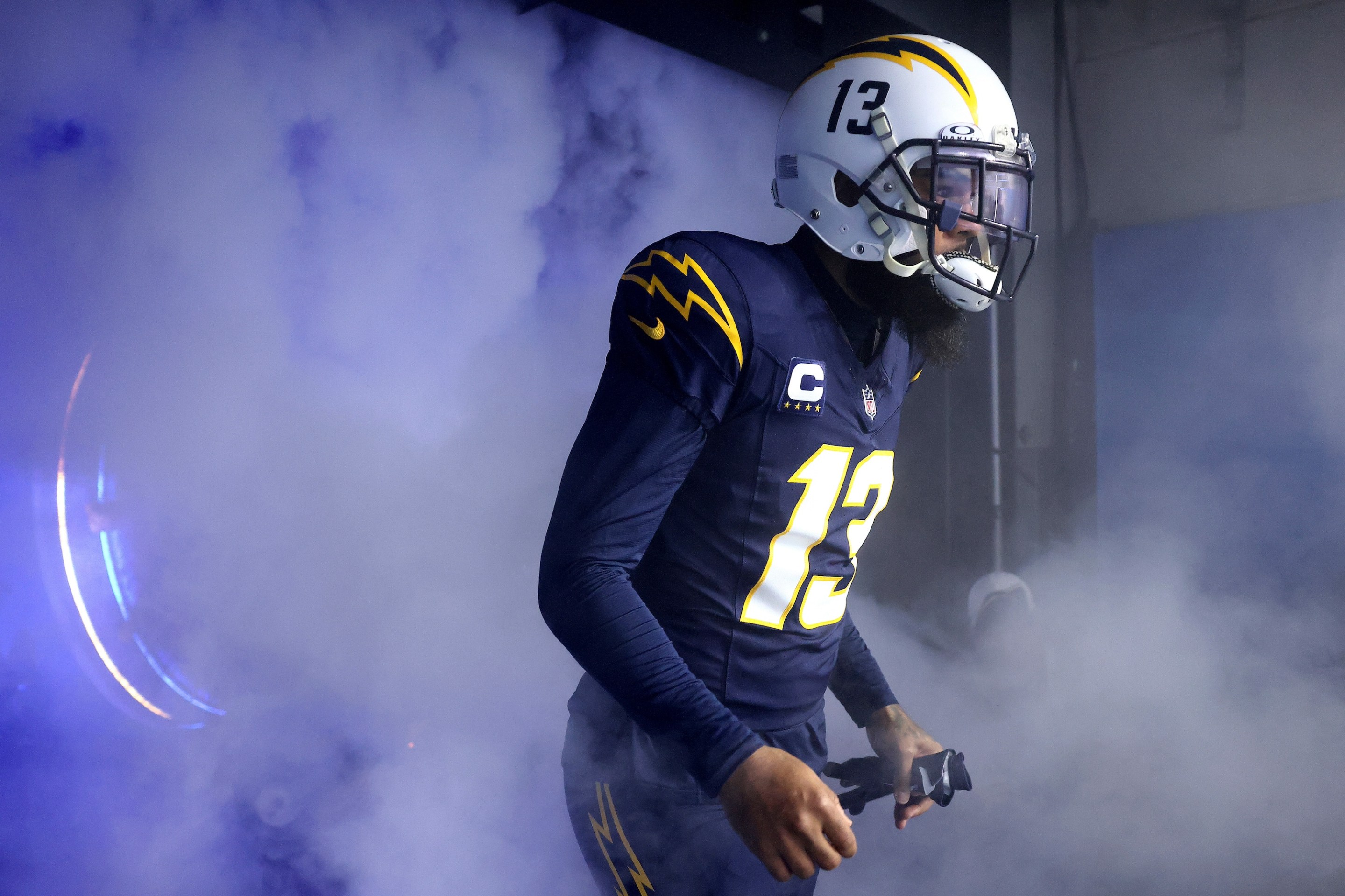 INGLEWOOD, CALIFORNIA - NOVEMBER 26: Keenan Allen #13 of the Los Angeles Chargers takes the field prior to the game against the Baltimore Ravens at SoFi Stadium on November 26, 2023 in Inglewood, California. (Photo by Katelyn Mulcahy/Getty Images)