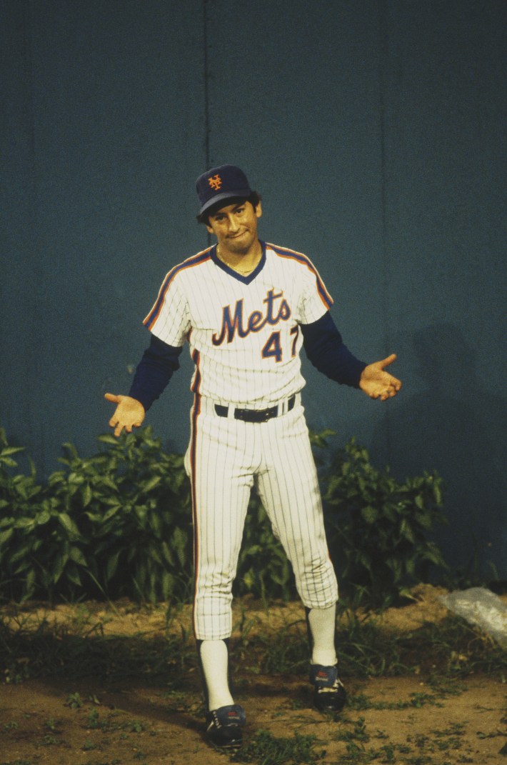 Mets reliever Jesse Orosco doing the "what are they givin' me" gesture in the bullpen at Shea Stadium in the 1980s.
