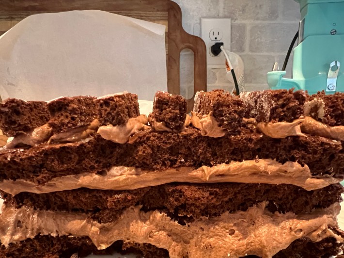 Awful crumbly strips of chocolate sponge glued to the top of the structure using buttercream.