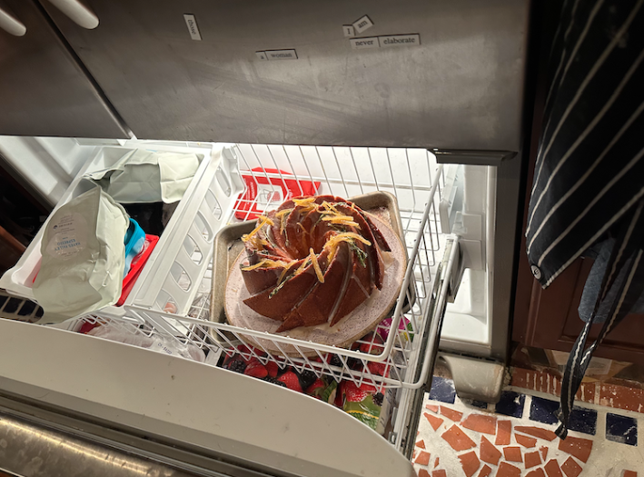 Bundt cake inside a drawer freezer.