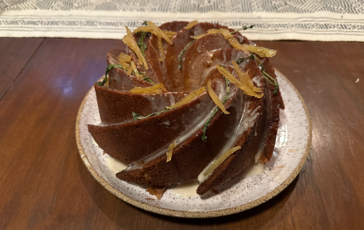A bundt cake with runny icing.