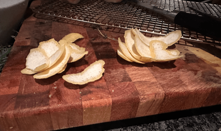 Lemon rinds on the counter.