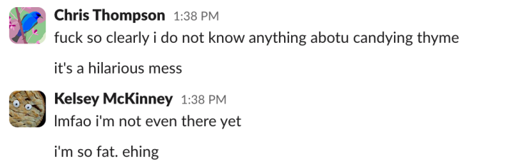Chris (1:38 p.m.): "fuck so clearly i do not know anything about candying thyme""it's a hilarious mess"Kelsey (1:38 p.m.): "lmfao i'm not even there yet""i'm so fat. ehing"