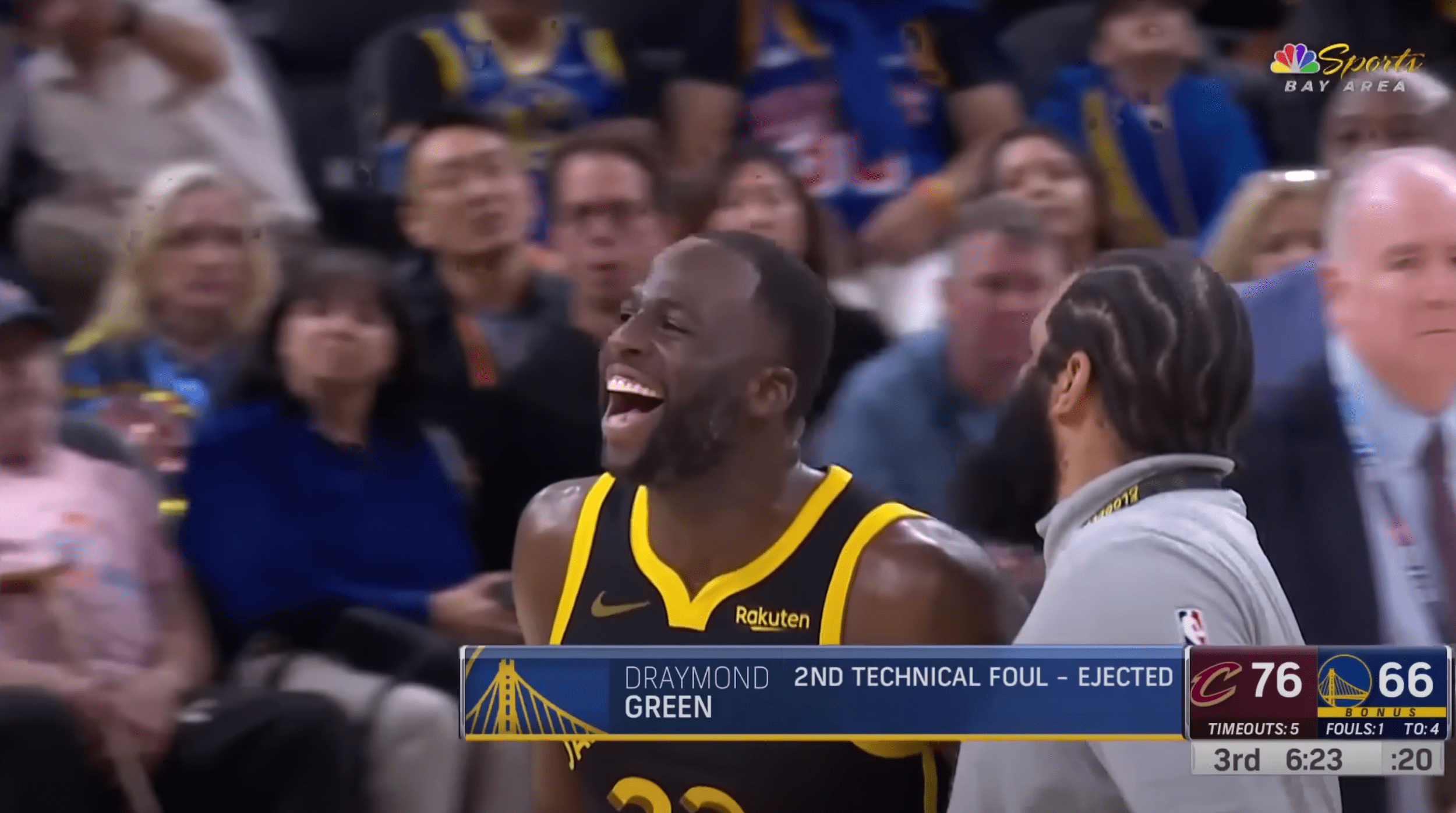 Draymond Greens laughs after being ejected.