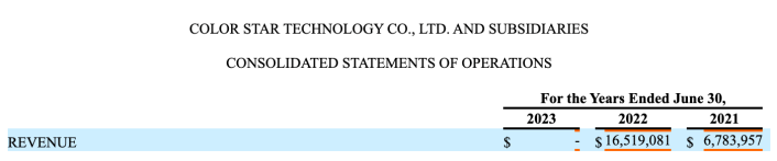 A screenshot of Color Star's annual report showing that the company reported zero revenue in 2023, down from $16 million in revenue in 2022.