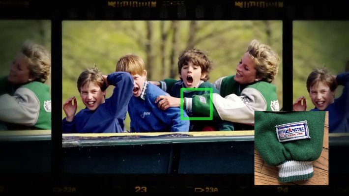 Princess Diana playing w with her kids on a tram of some kind in 1994. There is a box around the sleeve of her jacket, showing a tag. The inset photo is of the vintage jacket RareVntg acquired, and it is clearly the same tag on Diana and on their jacket.