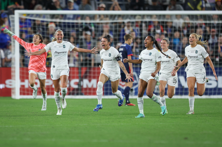Mataine Lopez #77, Ali Krieger #11, Margaret Purce #23, and Allie Long #6 of NJ/NY Gotham FC celebrate after defeating OL Reign during the 2023 NWSL Championship game at Snapdragon Stadium on November 11, 2023 in San Diego, California.