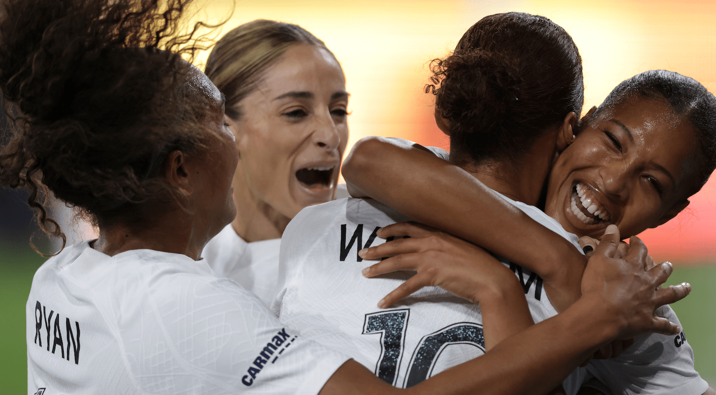 FC Gotham players hug after scoring a goal in the 2023 NWSL Championship game