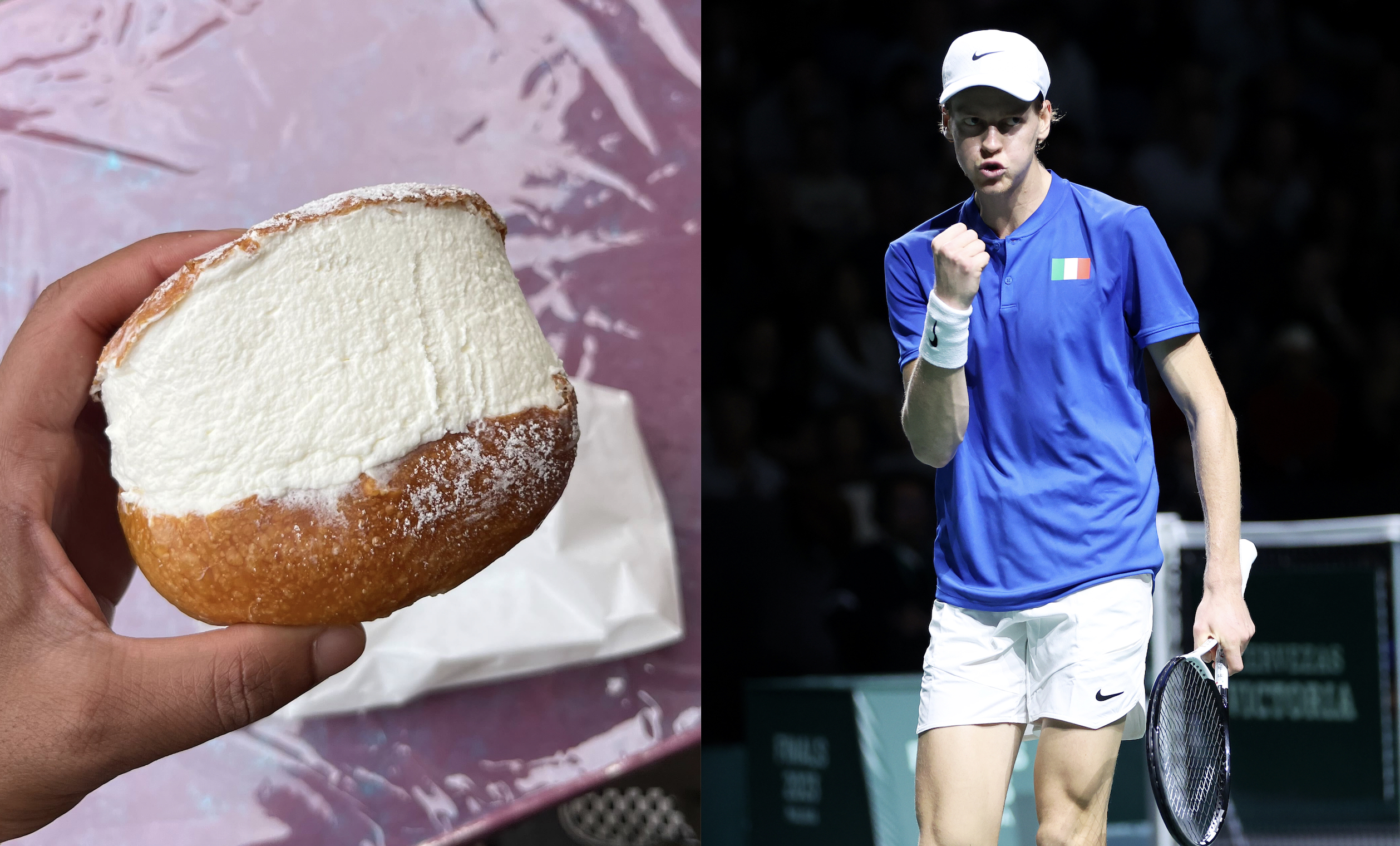 A maritozzo pastry from Rome next to Italian tennis star Jannik Sinner