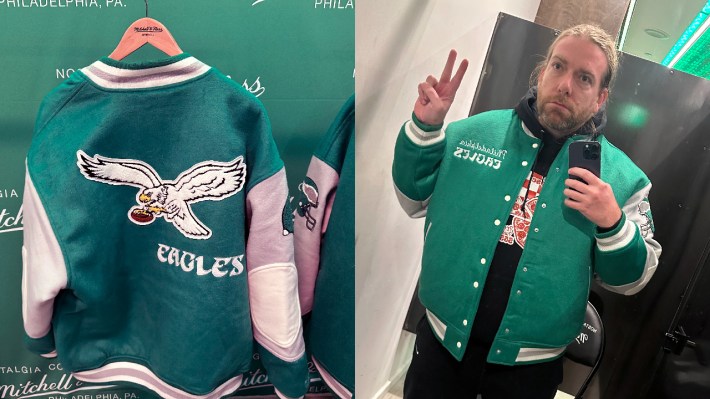 Split image: One side is the Princess Di Eagles jacket. The other side is me, wearing a black hoodie, wearing t he large jacket, in a mirror selfie. I look thrilled. The jacket is pretty big on me.