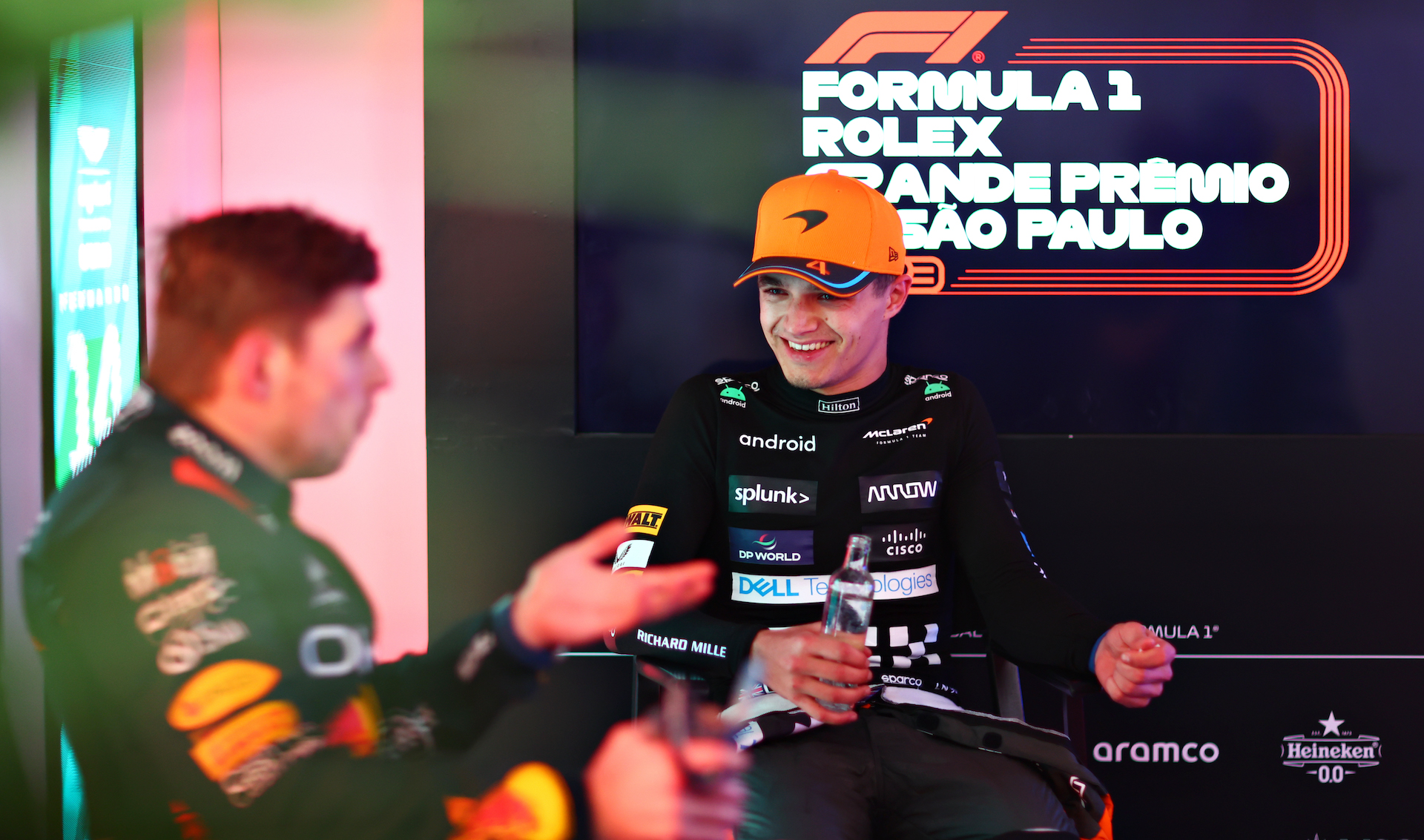 Max Verstappen and Lando Norris talk in the cool down room after the Brazil GP.