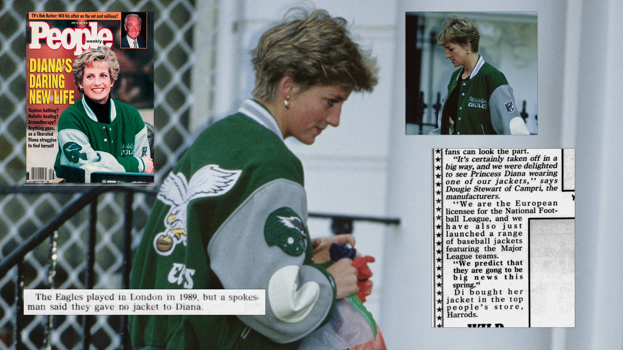 A photo collage of Princess Diana wearing a Philadelphia Eagles jacket in 1991 while dropping her kids off from school