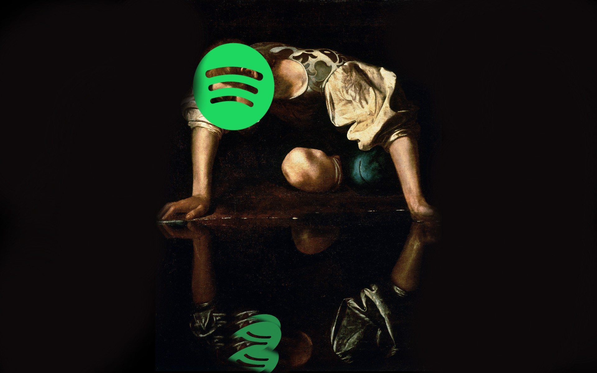 artist's rendering of Caravaggio's painting of Narcissus with a spotify logo for a head