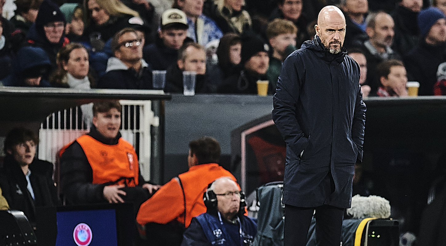 Manchester United manager Eric ten Hag, looking lonely and miserable on the sideline while his team blows a lead to FC Copenhagen in the Champions League.