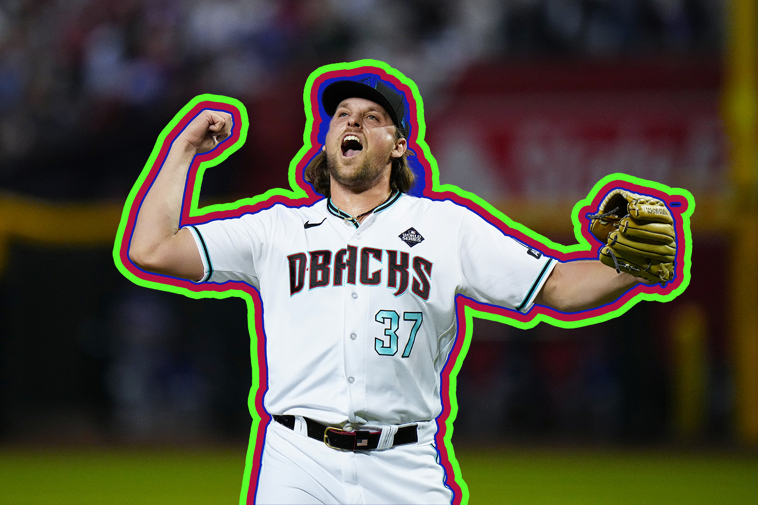 PHOENIX, AZ - NOVEMBER 01: Kevin Ginkel #37 of the Arizona Diamondbacks reacts during Game 5 of the 2023 World Series between the Texas Rangers and the Arizona Diamondbacks at Chase Field on Wednesday, November 1, 2023 in Phoenix, Arizona. Edits by Defector; The Gink is surrounded by various colors.