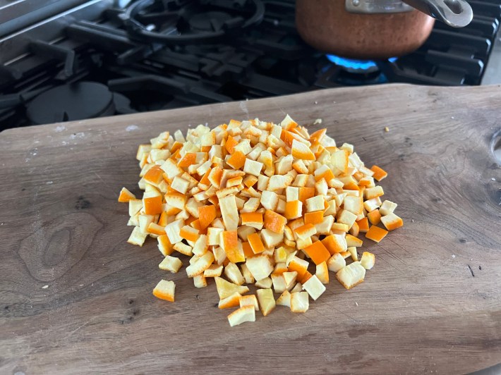 A pile of chopped orange peel.