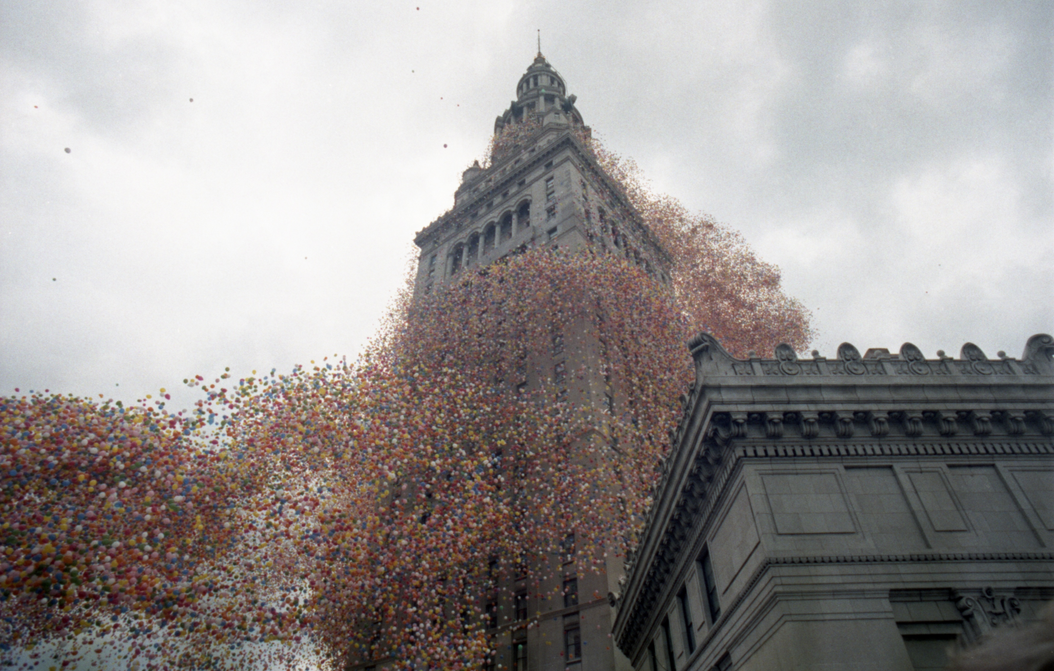 Balloons, 1.5 million of them, curl around the Terminal Tower Building during Balloonfest '86 sponsored by the United Ways Services of Cleveland. The lift off will be entered into the Guinness World Book of Records.(Photo by Bettmann Archive/Getty Images)